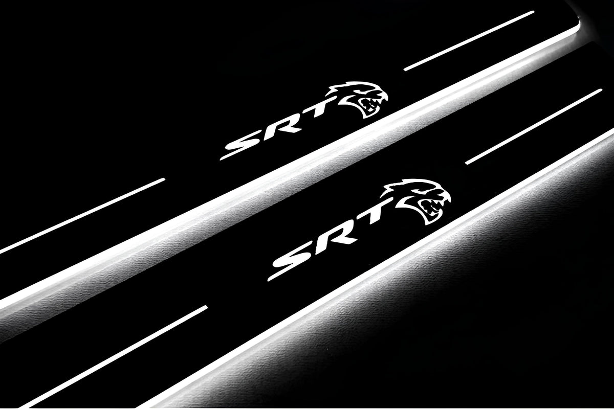 Dodge Durango III 2011+ stainless steel LED door sill plates with SRT Hellcat logo