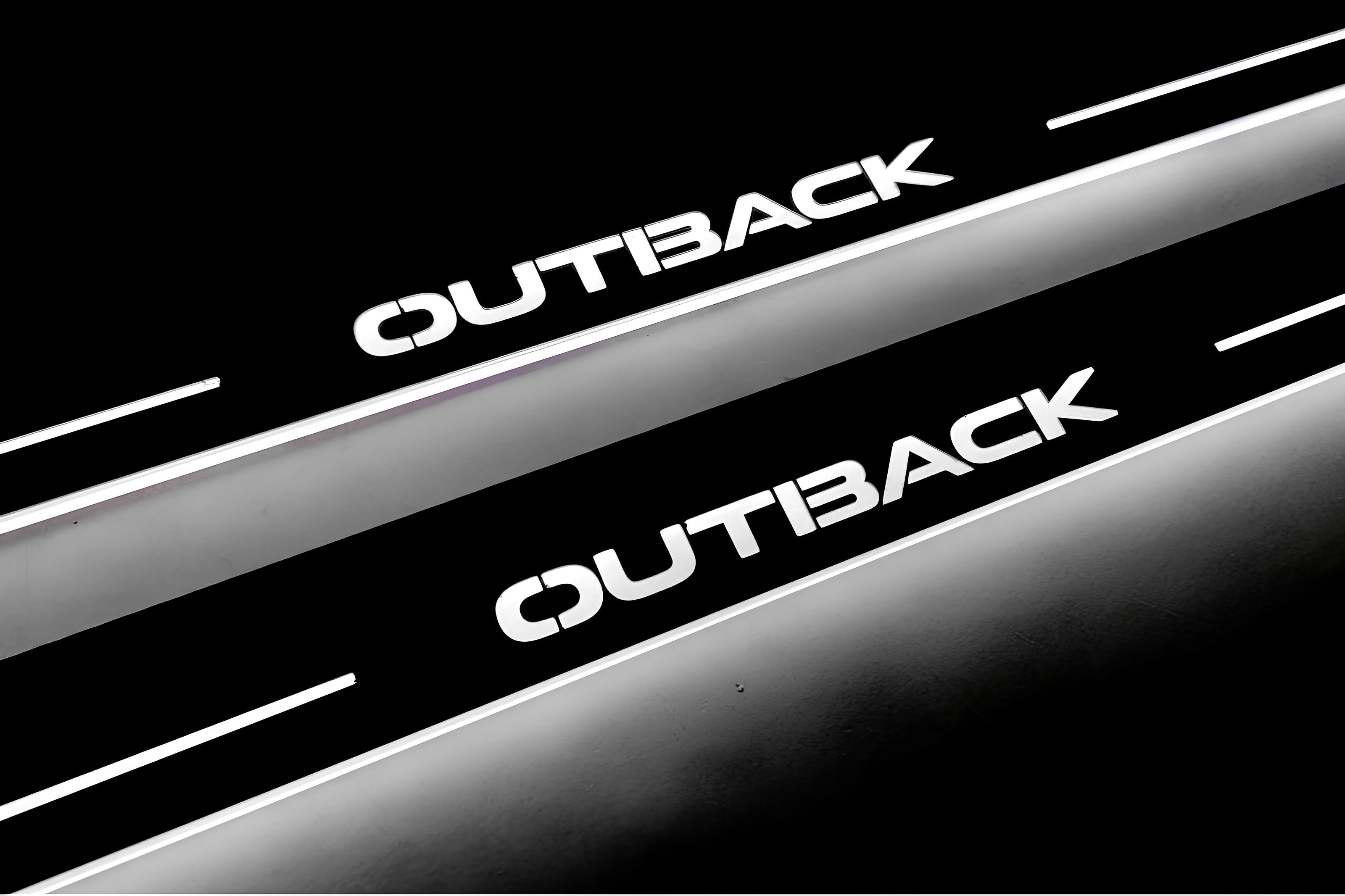 Illuminated LED Door Sill Tread Plates Subaru Outback VI 2019+ With Outback Logo Subaru Led Door Sills opdesign