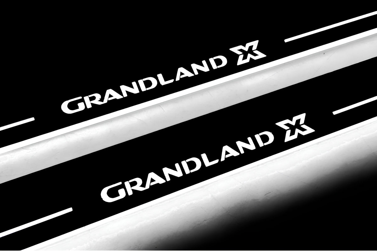 Close-up of Grandland X lettering and illuminated edges on door sill plates against a dark background.