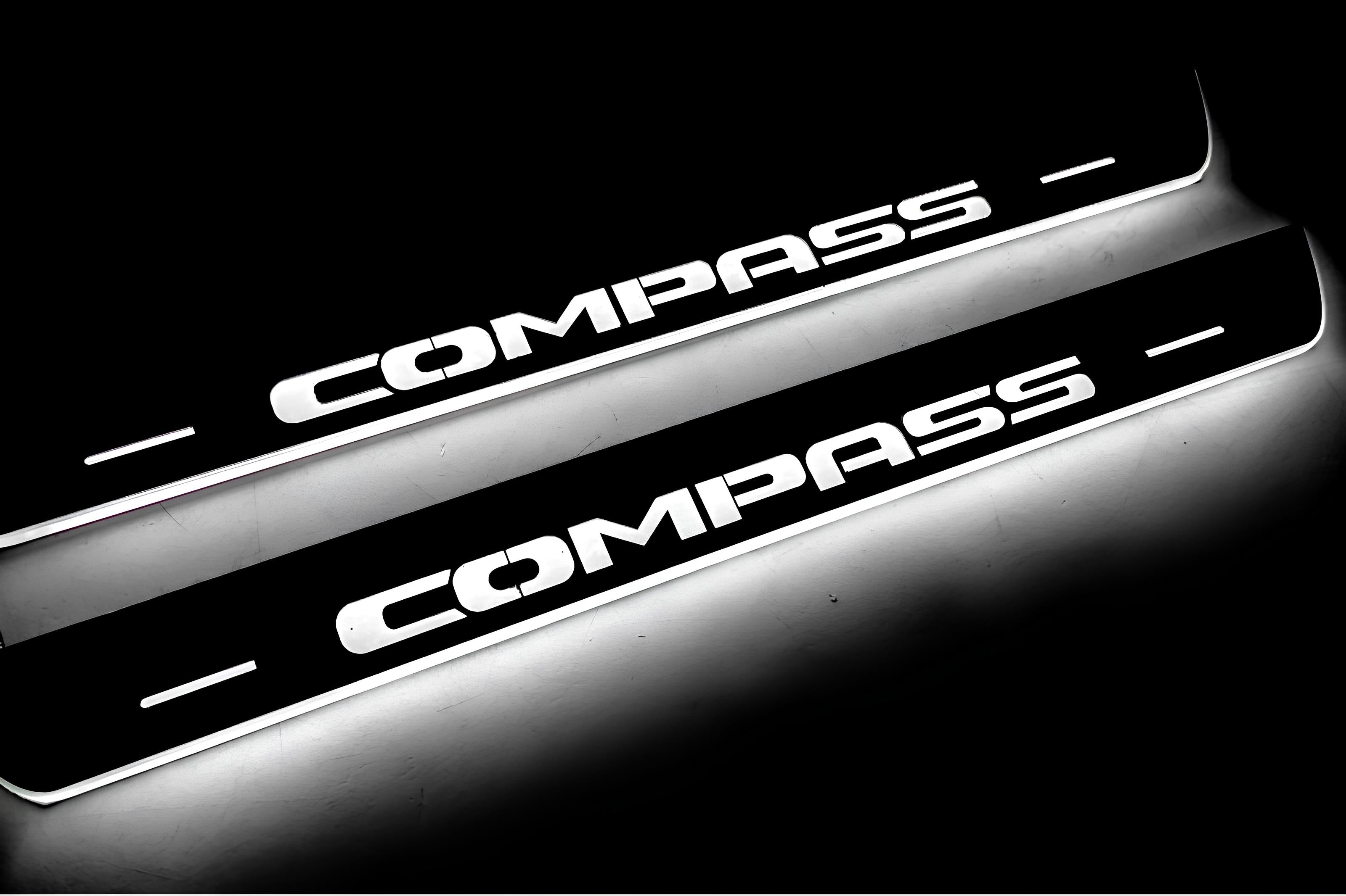Illuminated LED Door Sill Tread Plates Jeep Compass II 2016+ With Compass Logo Jeep Led Door Sills opdesign
