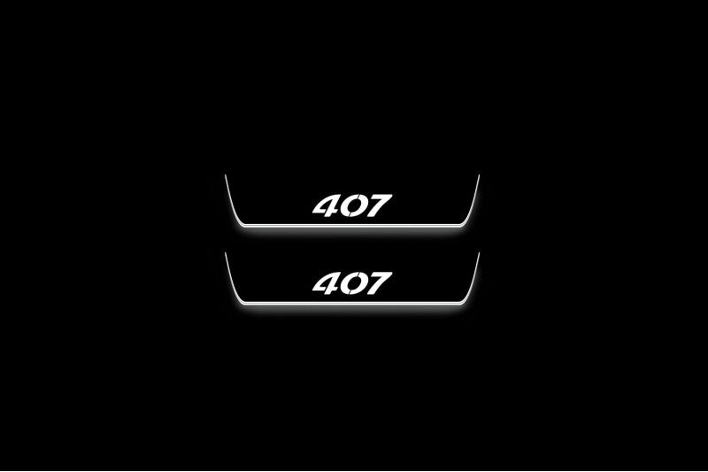 Peugeot 407 2004+ LED door sill plates in stainless steel with 407 logo