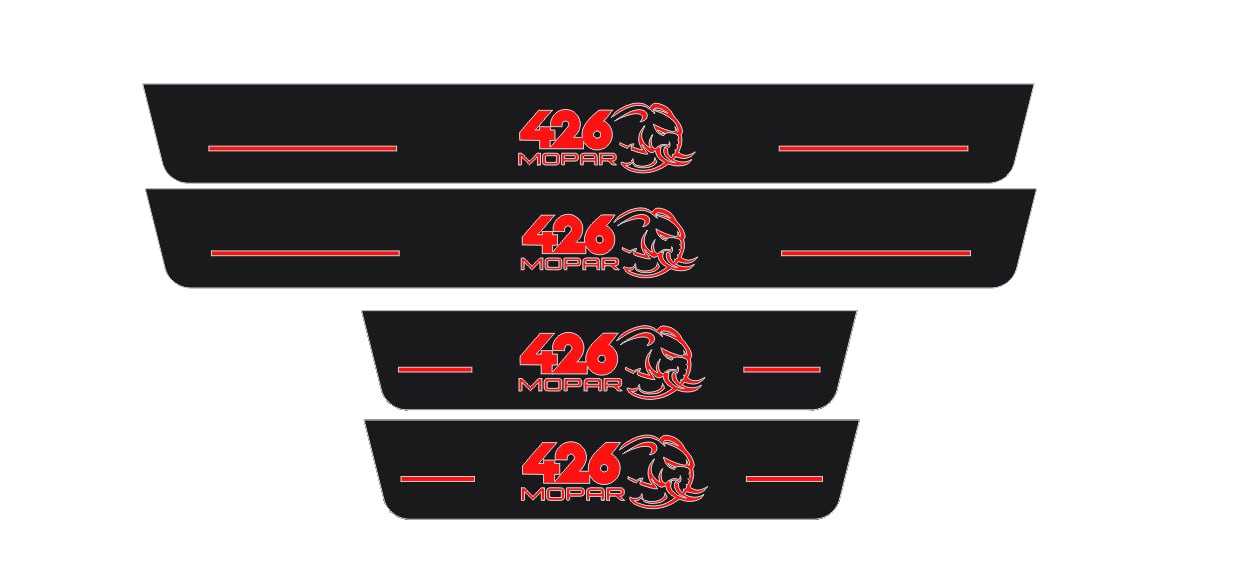 Illuminated LED Door Sill Tread Plates Dodge Charger 2011-2023 With 426 Mopar Hellephant Logo Dodge Led Door Sills opdesign RED FRONT+REAR STAINLESS STEEL+RAPTOR PROTECTION