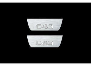 Illuminated LED Door Sill Tread Plates Mercedes C W205 Coupe 2014-2021 With AMG С43 Logo Mercedes Led Door Sills opdesign