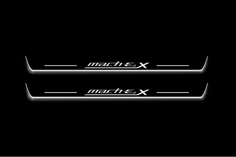 Ford Mach-E 2020+ door sill plates in stainless steel with Mach-E 4X logo