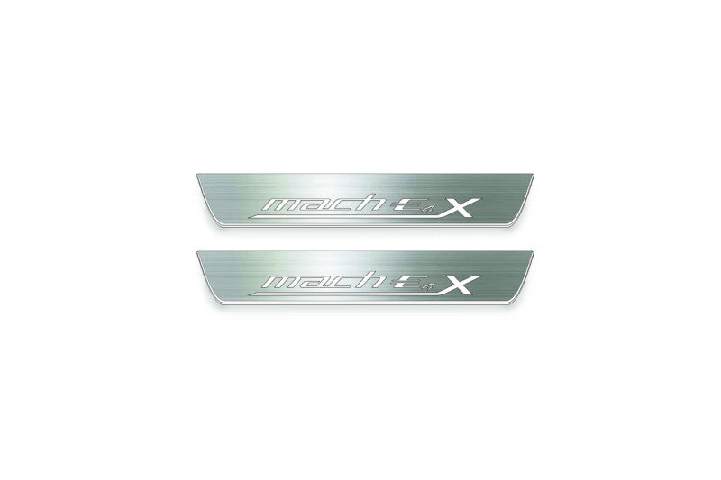 Ford Mach-E 2020+ LED door sill plates in stainless steel with Mach-E 4X logo