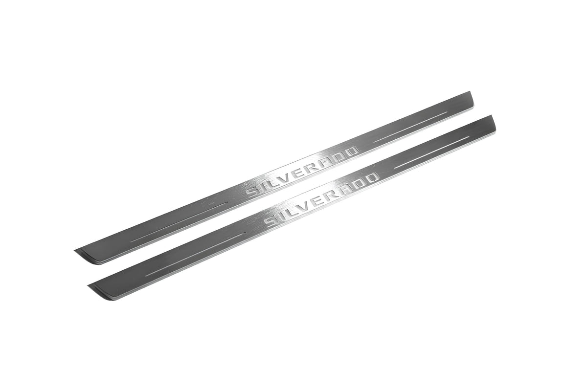 stainless steel LED door sill plates for Chevrolet Silverado III 2014+ with Silverado logo