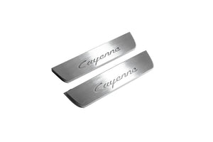Illuminated LED Door Sill Tread Plates Porsche Cayenne II 2010-2017 With Cayenne Logo Porsche Led Door Sills opdesign
