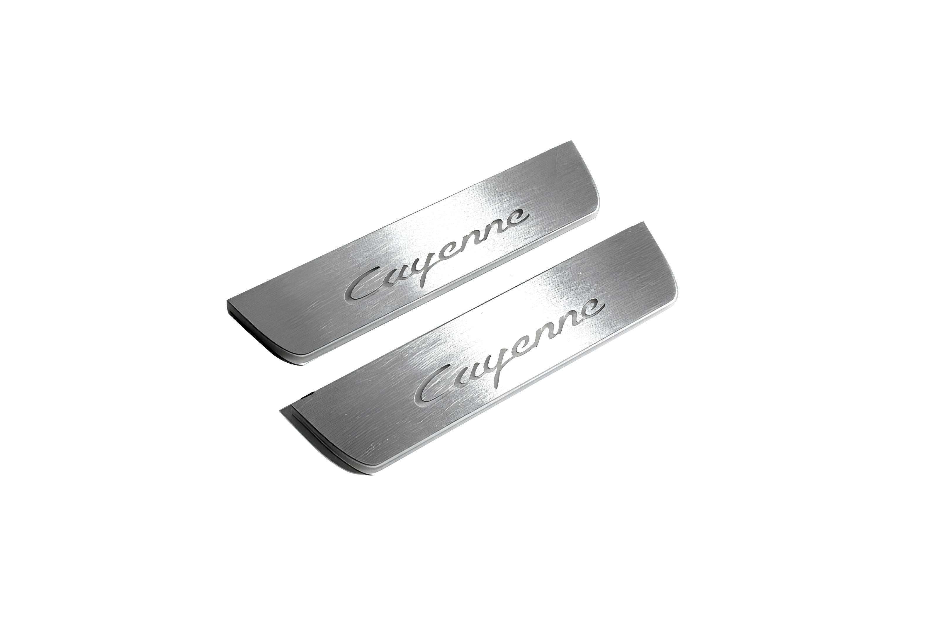 Illuminated LED Door Sill Tread Plates Porsche Cayenne II 2010-2017 With Cayenne Logo Porsche Led Door Sills opdesign
