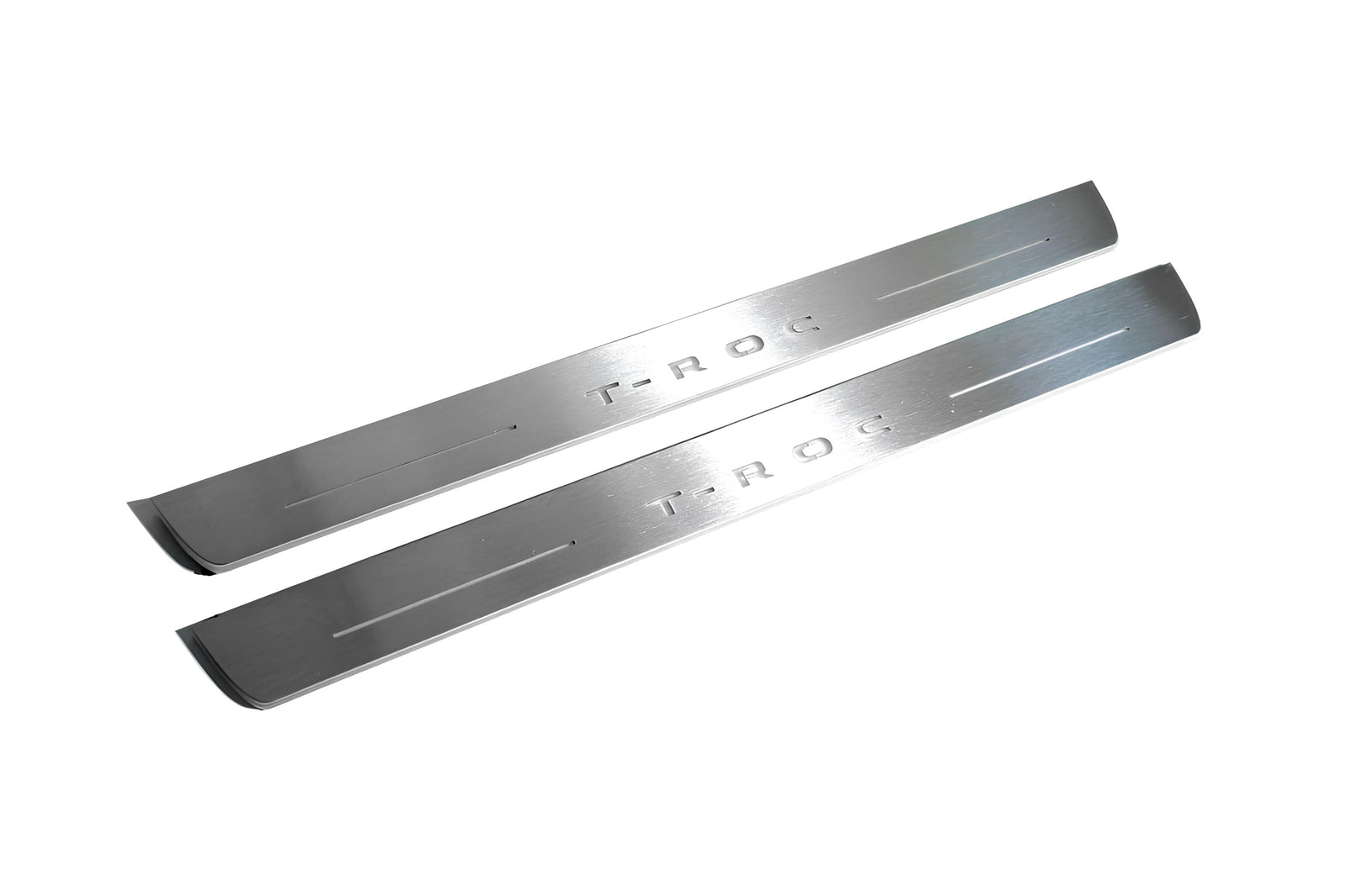 Volkswagen T-Roc 2017+ LED door sill plates in stainless steel with T-Roc logo