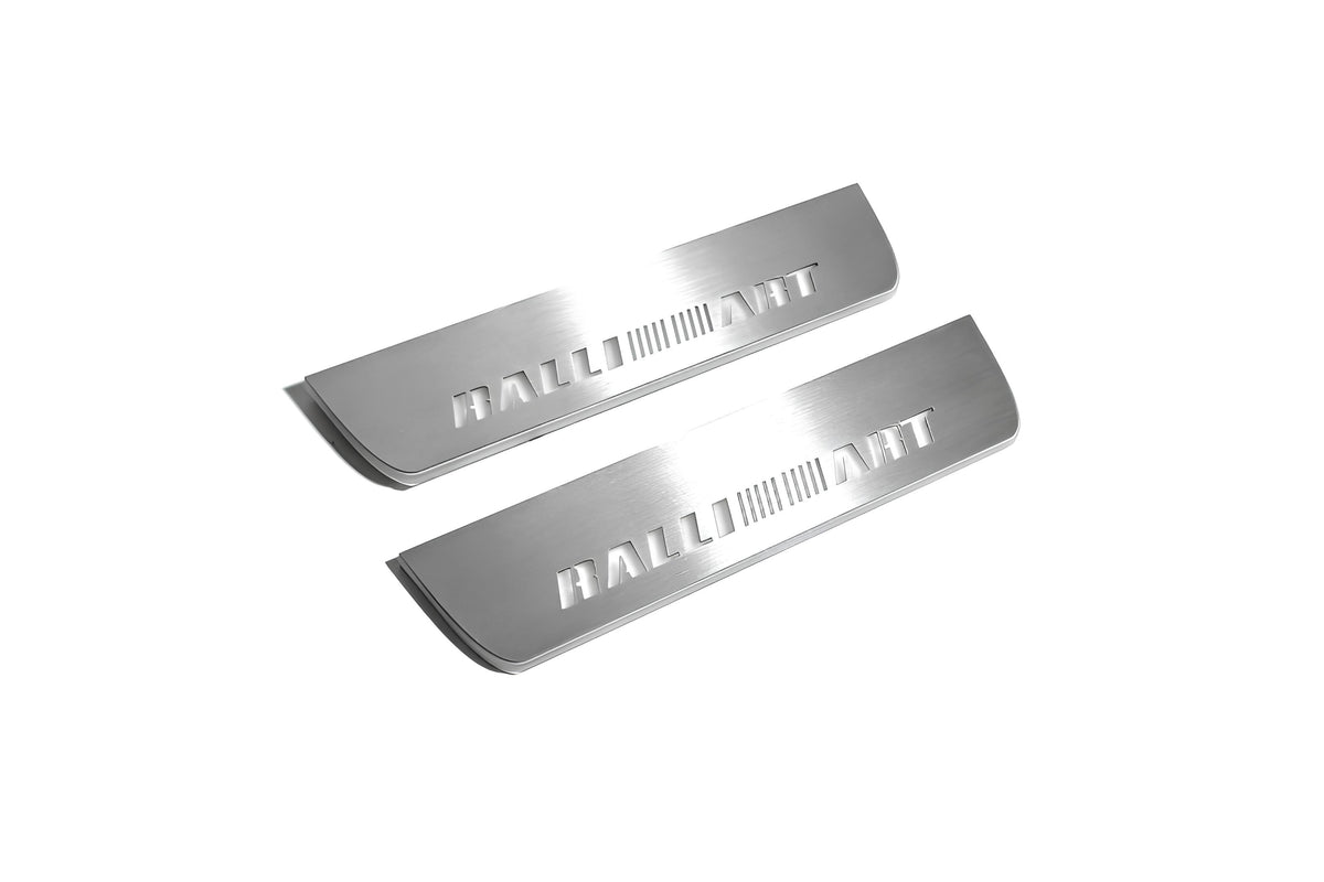 LED door sill plates Mitsubishi Lancer X 2007+ in stainless steel with RalliArt logo