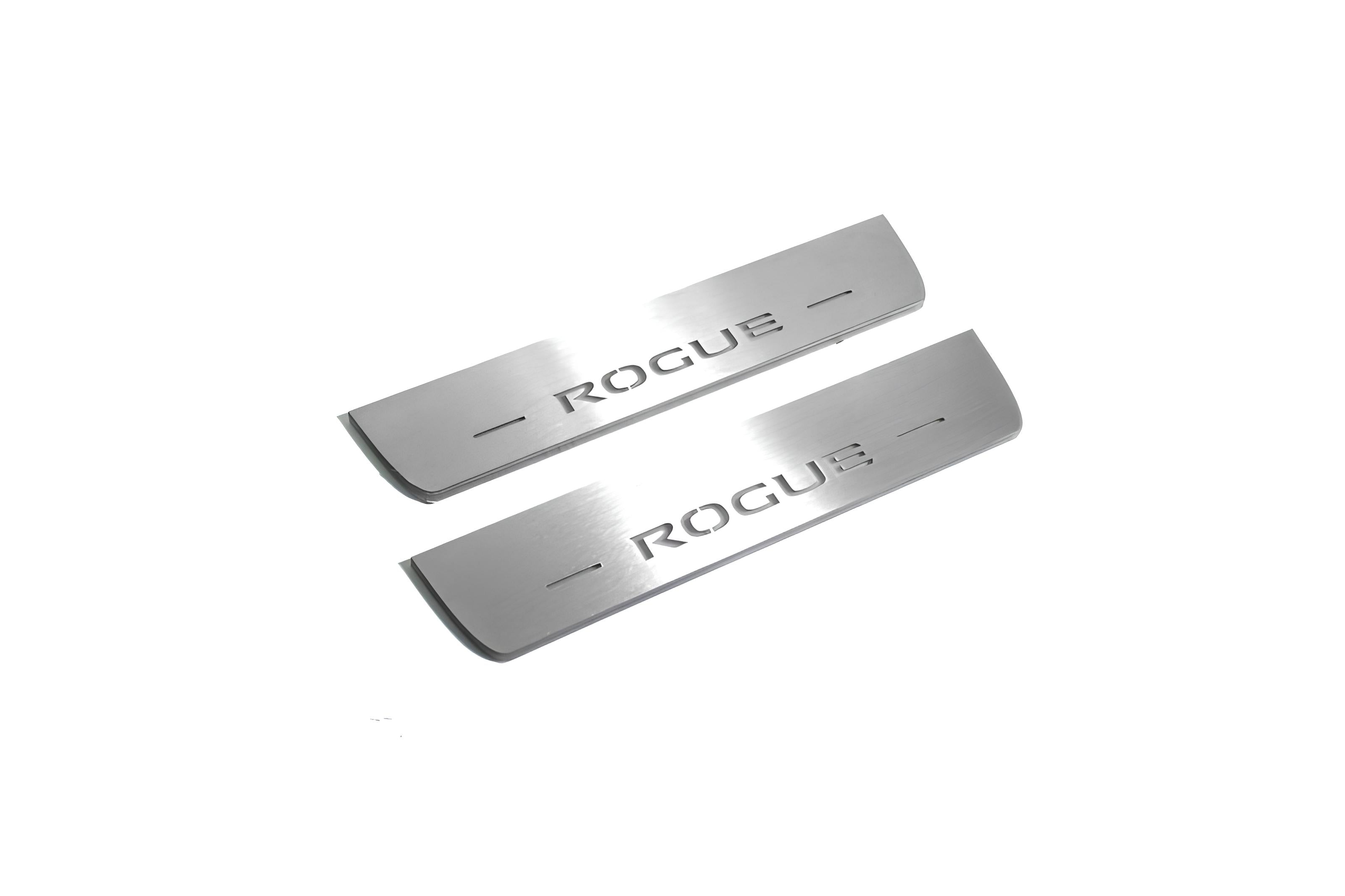 Illuminated LED Door Sill Tread Plates Nissan Rogue II 2014-2020 With Rogue Logo Nissan Led Door Sills opdesign