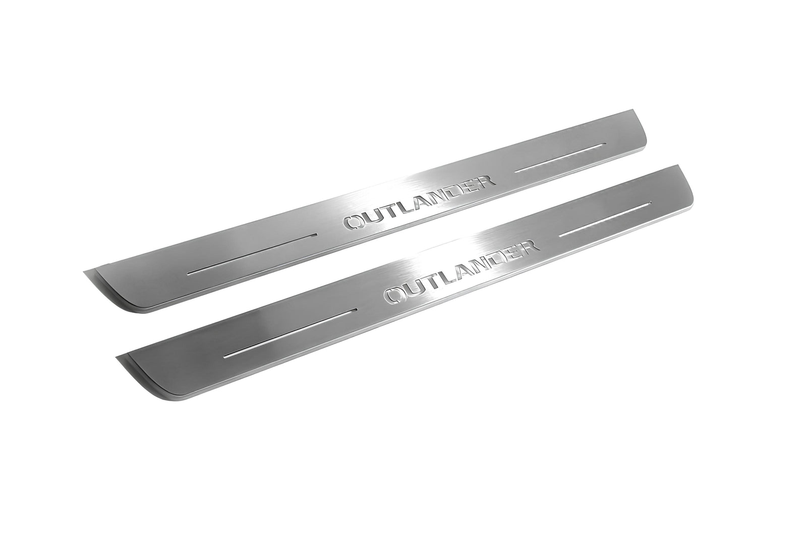 Mitsubishi Outlander IV 2021+ LED door sill plates in stainless steel with Outlander logo