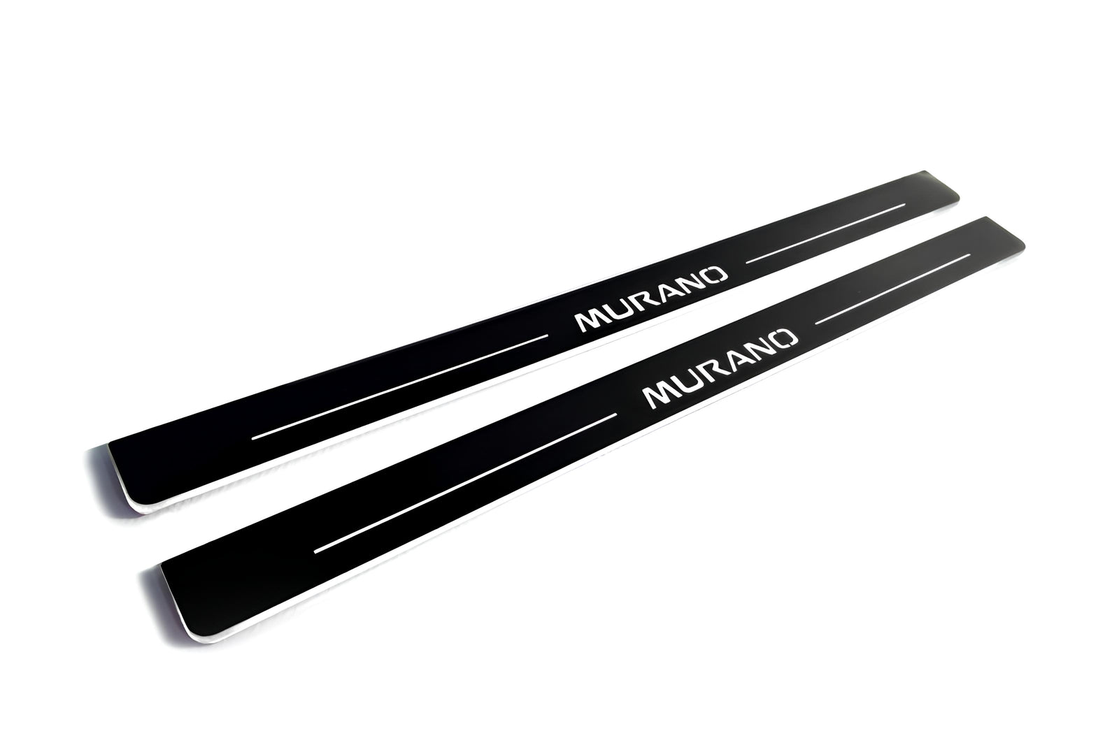Nissan Murano II 2008+ illuminated entry guards in stainless steel with Murano logo