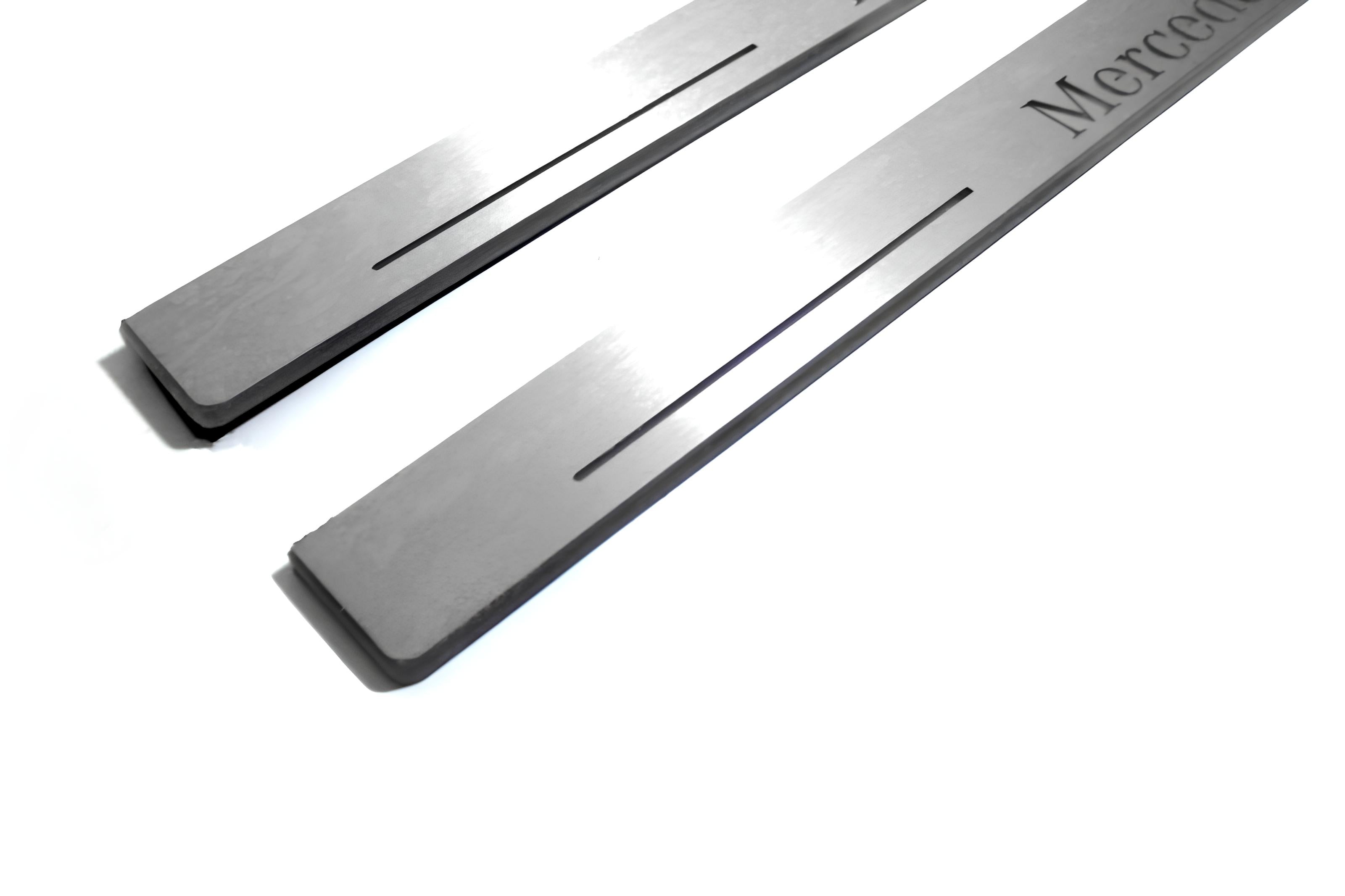 Illuminated LED Door Sill Tread Plates Mercedes E W124 1985-1996 With Mercedes-Benz Logo Mercedes Led Door Sills opdesign