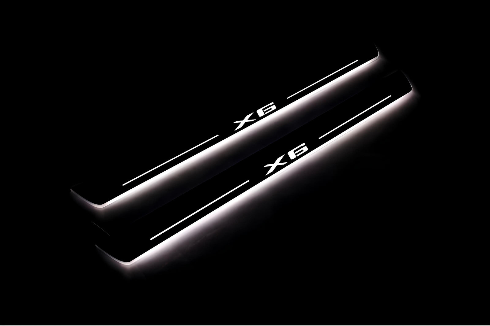 BMW X6 E71 2008+ LED door sill plates in stainless steel with X6 logo