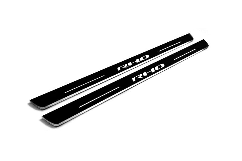 RAM 1500 V 2019+ illuminated entry guards in stainless steel with RHO logo