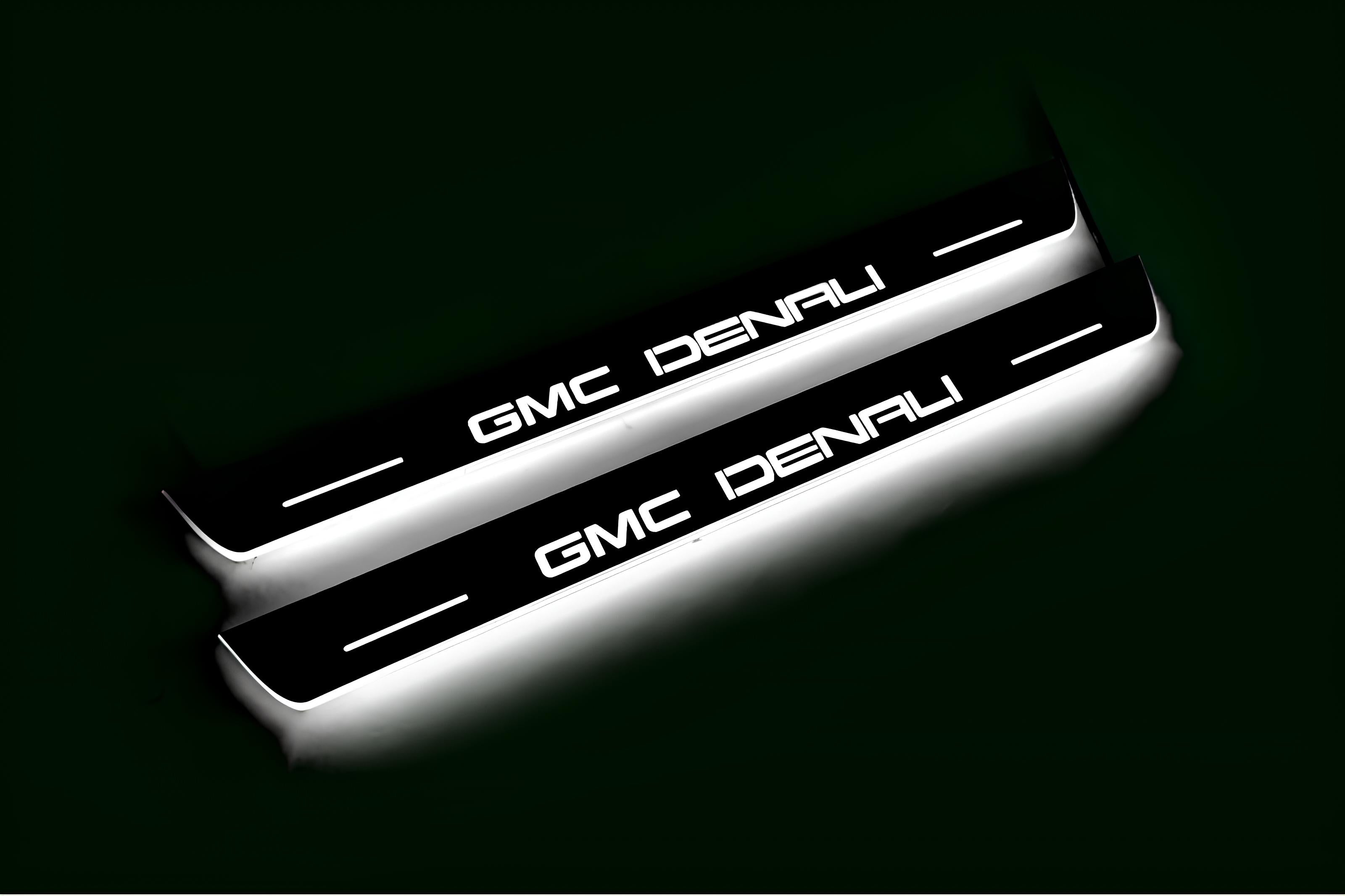Illuminated LED Door Sill Tread Plates GMC Terrain II 2018+ With GMC DENALI Logo GMC Led Door Sills opdesign