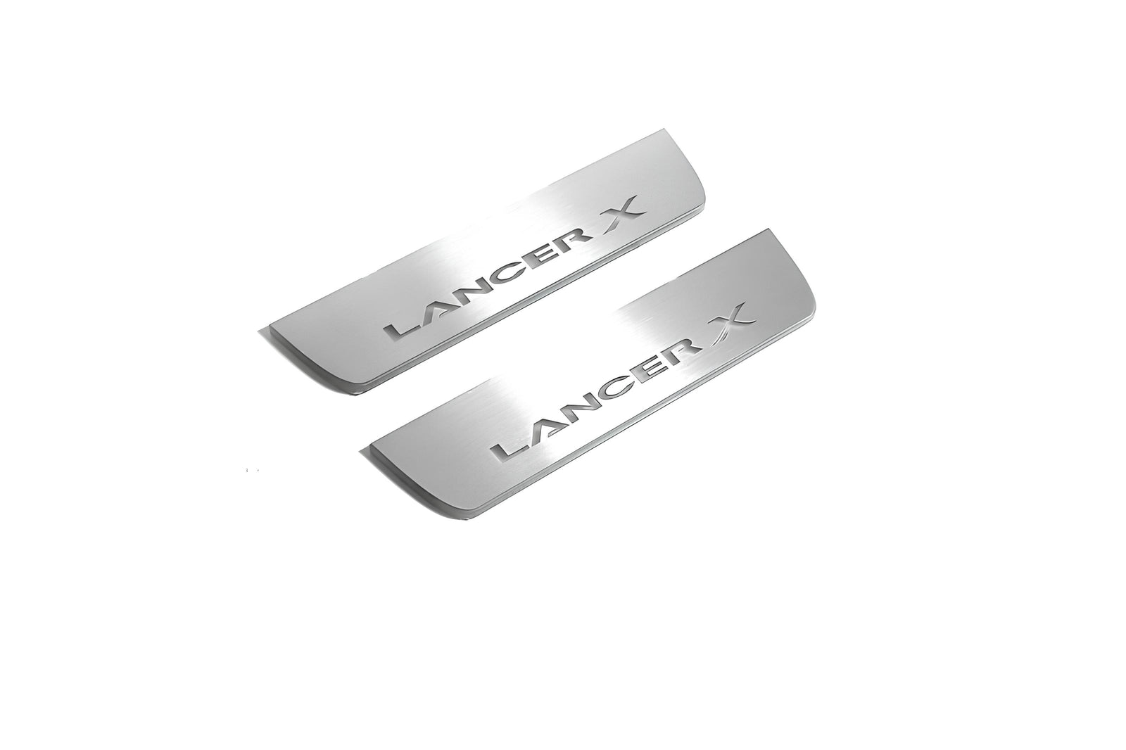 Mitsubishi Lancer X 2007+ door sill plates in stainless steel with Lancer X logo