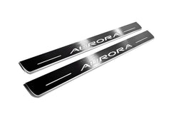 Two long silver-finished door sill plates with Aurora lettering on a light background, angled view.