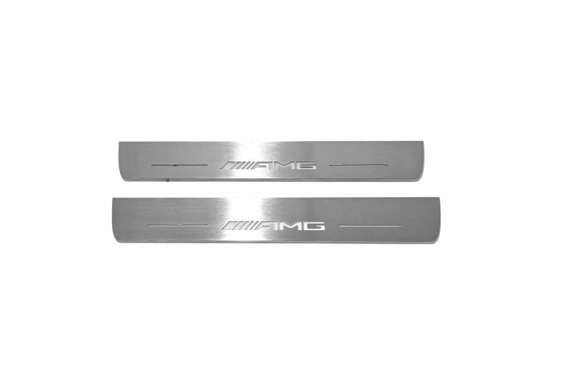 Mercedes E W213 2016+ illuminated entry guards in stainless steel with AMG logo