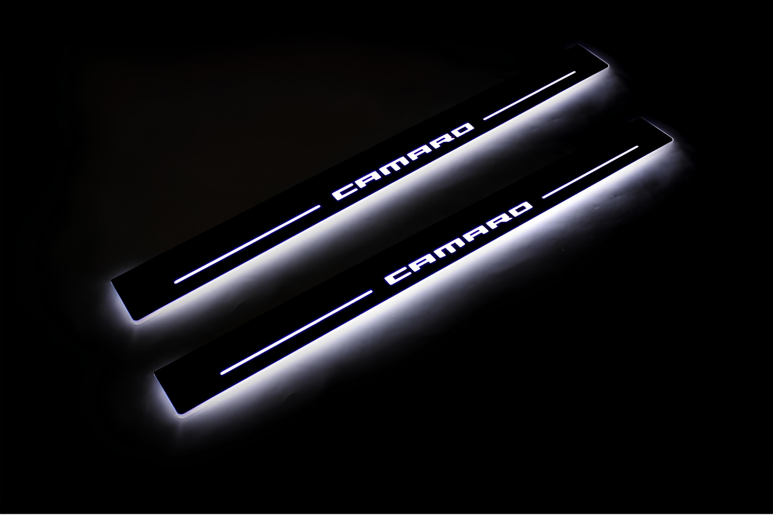 Illuminated LED Door Sill Tread Plates Chevrolet Camaro VI 2016-2024 With Camaro Logo Chevrolet Led Door Sills opdesign