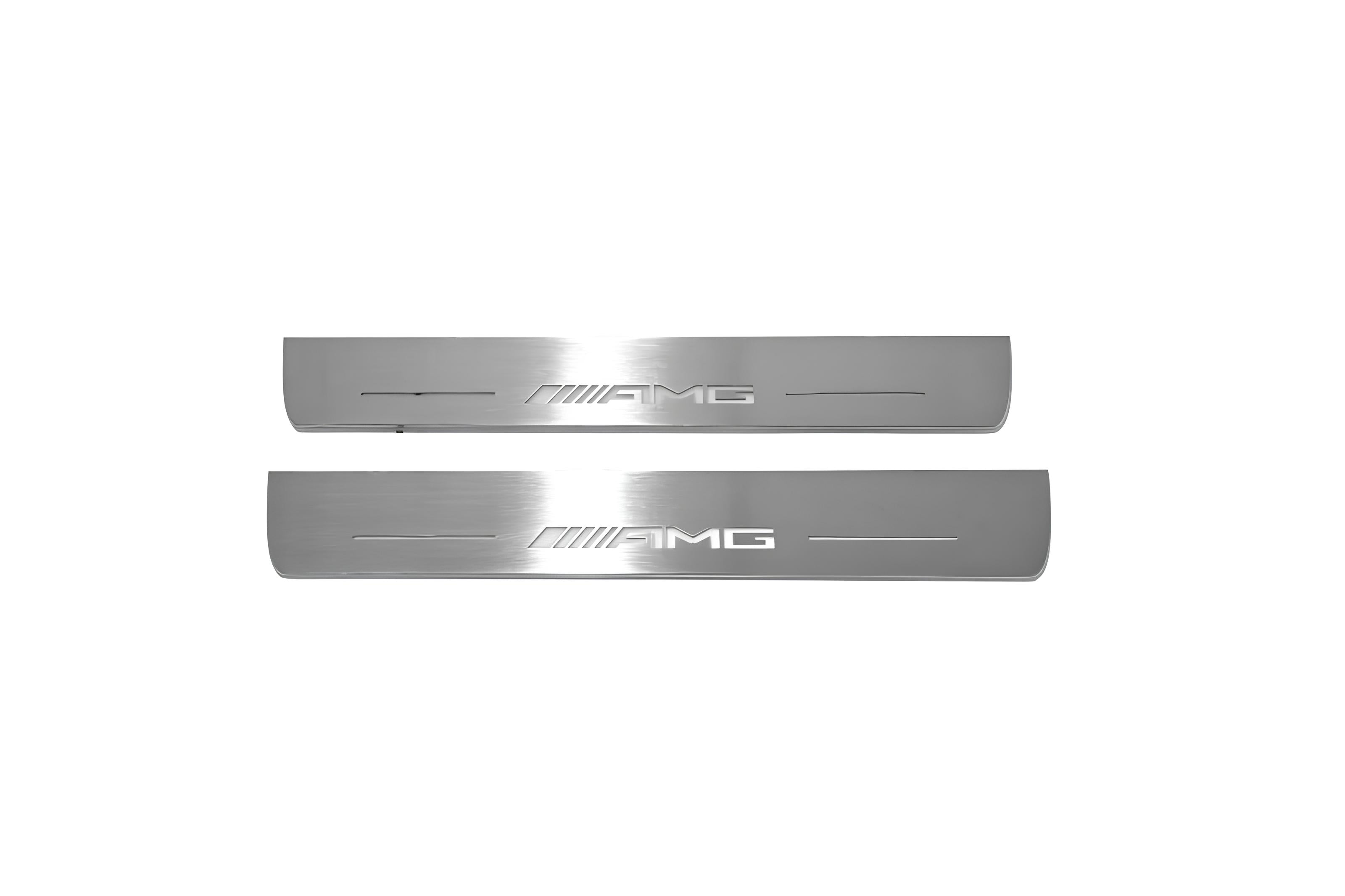 Illuminated LED Door Sill Tread Plates Mercedes E W213 2016-2023 With AMG Logo Mercedes Led Door Sills opdesign