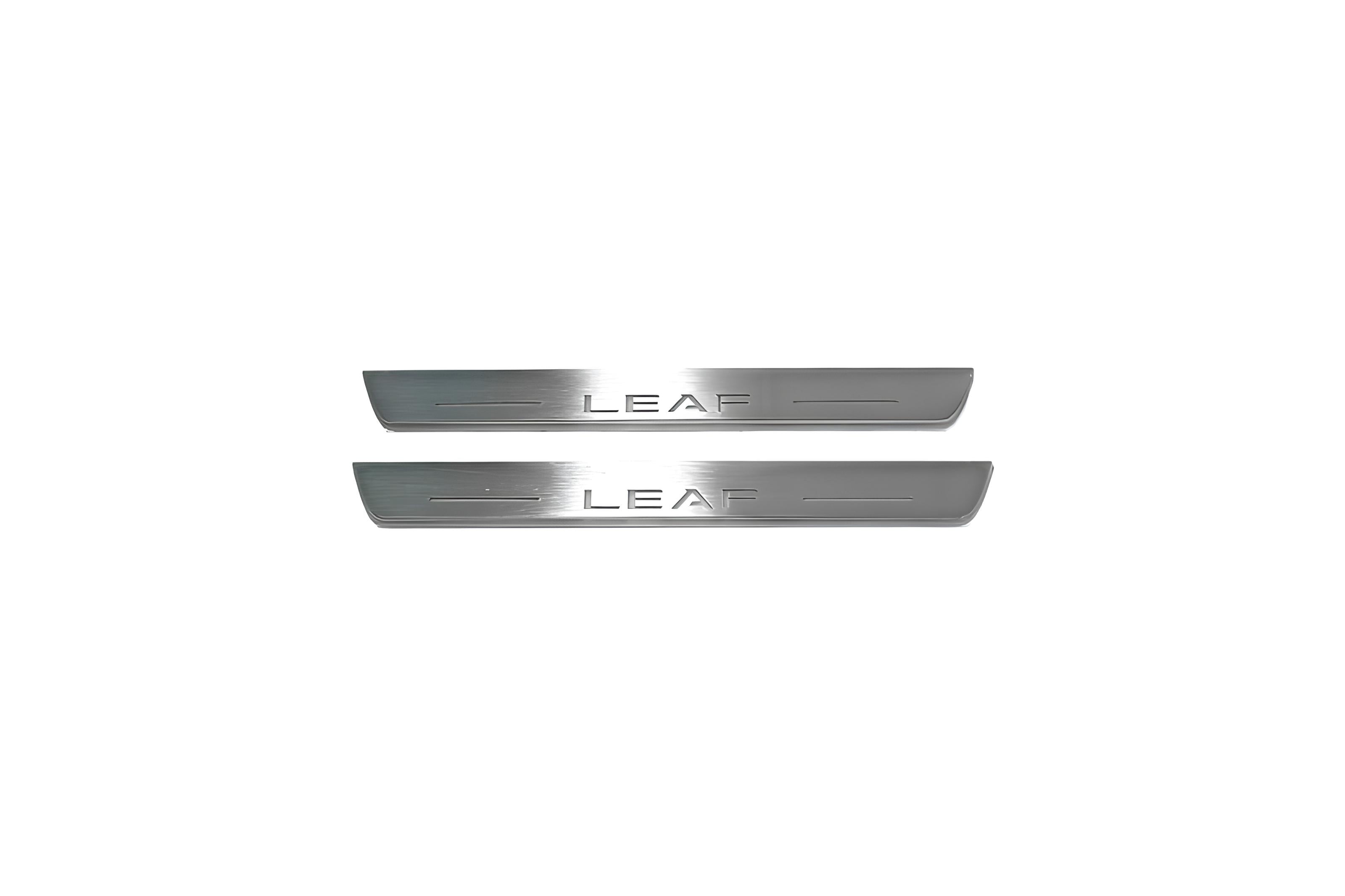 Illuminated LED Door Sill Tread Plates Nissan Leaf II 2017+ With Leaf Logo Nissan Led Door Sills opdesign