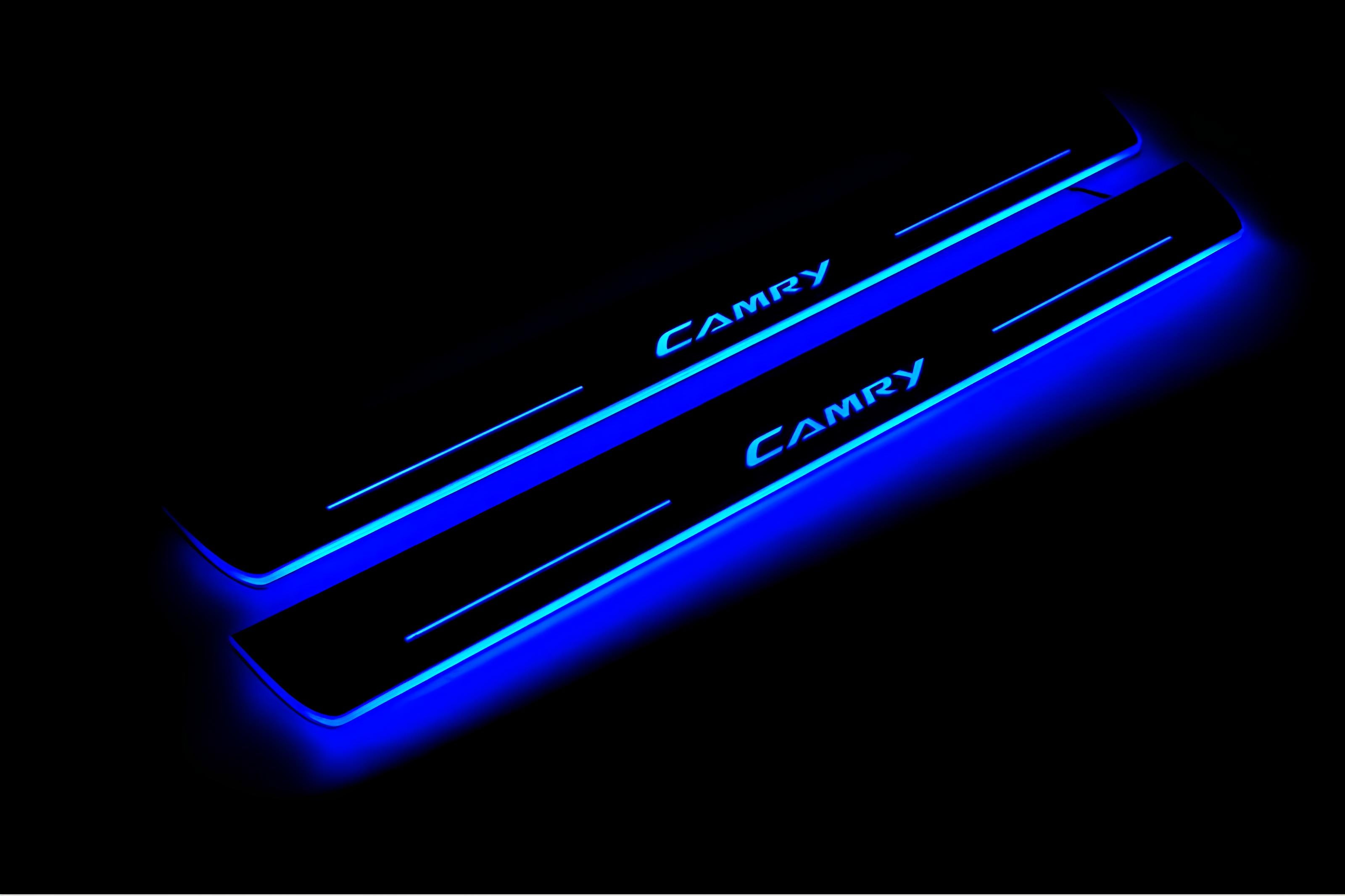 Illuminated LED Door Sill Tread Plates Toyota Camry V50 2012-2018 With Camry Logo Toyota Led Door Sills opdesign