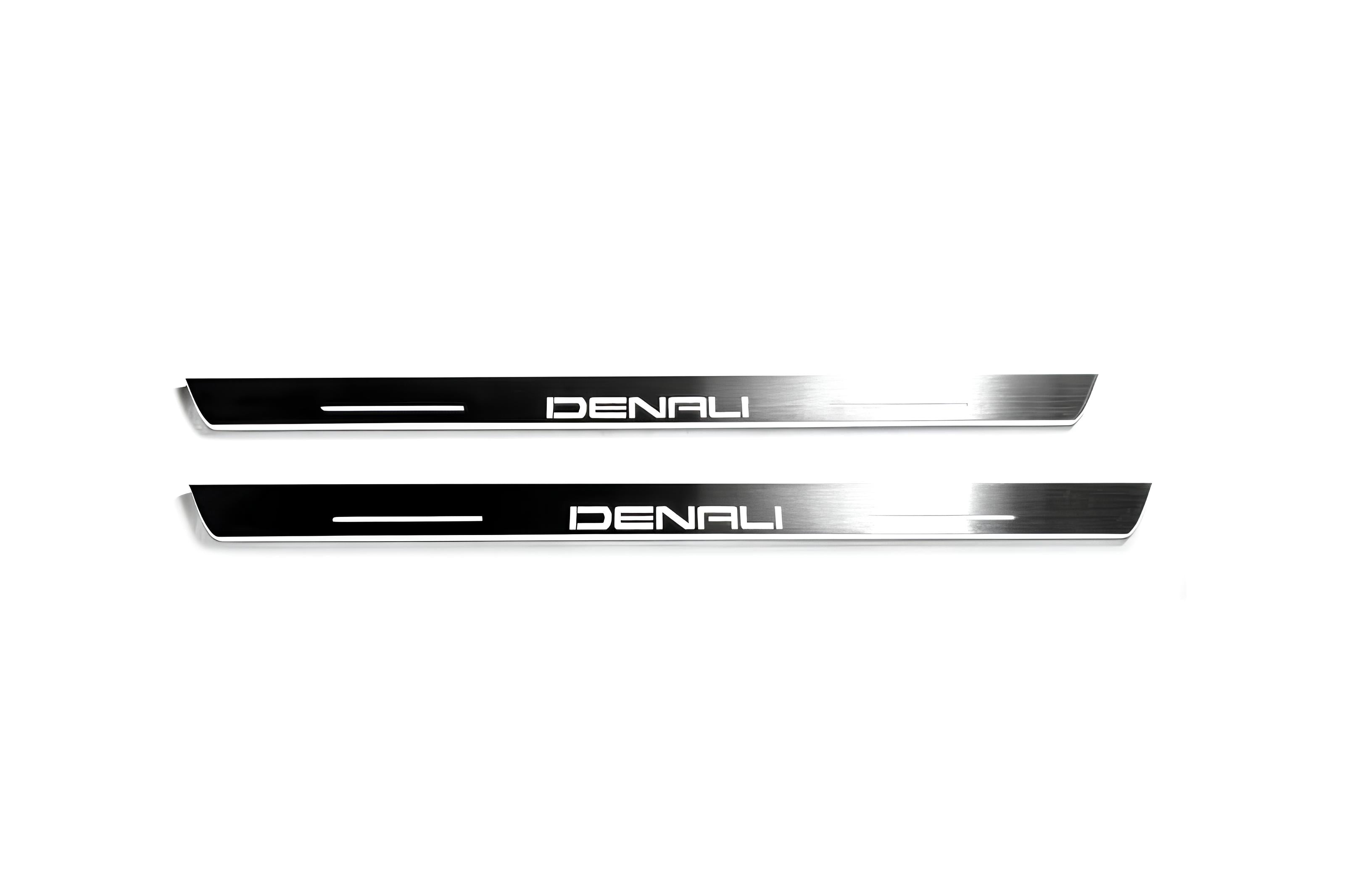 Illuminated LED Door Sill Tread Plates GMC Sierra V 2018+ With DENALI Logo GMC Led Door Sills opdesign