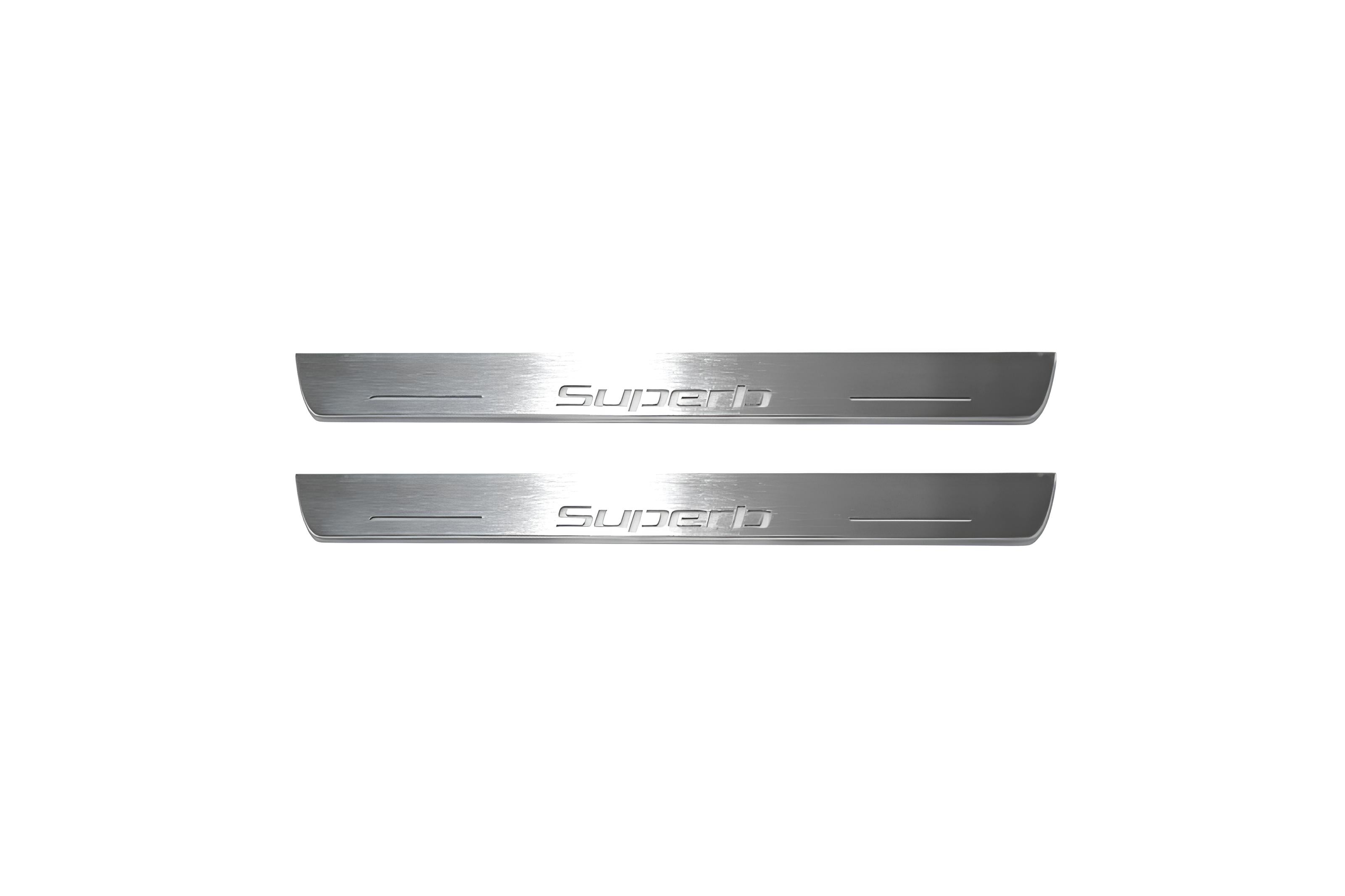 Illuminated LED Door Sill Tread Plates Skoda SuperB II 2008-2015 With SuperB Logo Skoda Led Door Sills opdesign