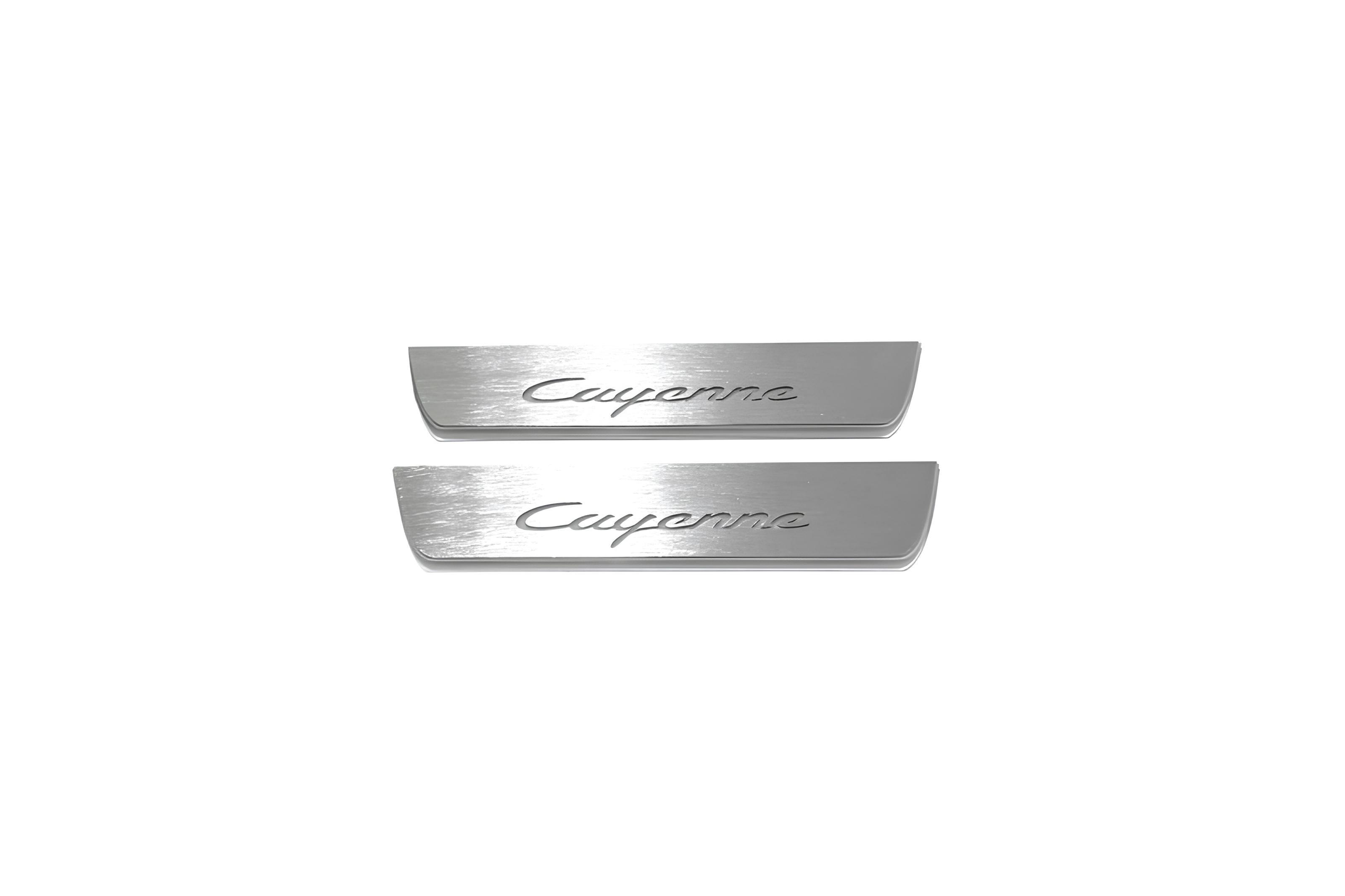 Illuminated LED Door Sill Tread Plates Porsche Cayenne II 2010-2017 With Cayenne Logo Porsche Led Door Sills opdesign