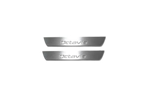 Illuminated LED Door Sill Tread Plates Skoda Octavia II (A5) 2004-2013 With Octavia Logo Skoda Led Door Sills opdesign
