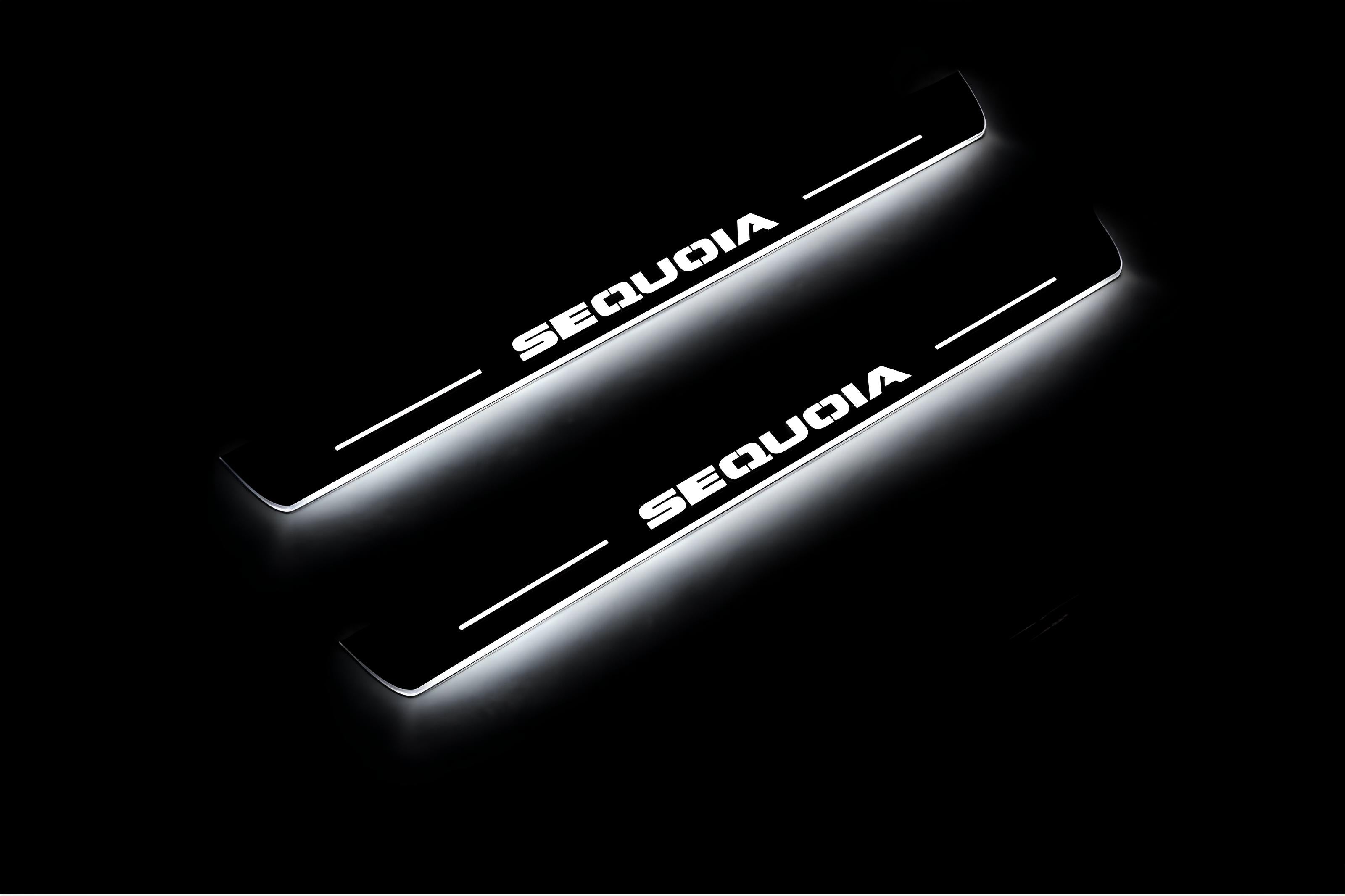 Illuminated LED Door Sill Tread Plates Toyota Sequoia II 2008-2022 With Sequoia Logo Toyota Led Door Sills opdesign