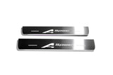 Two short silver-finished door sill plates with A-Spec lettering on a light background, straight-on view.