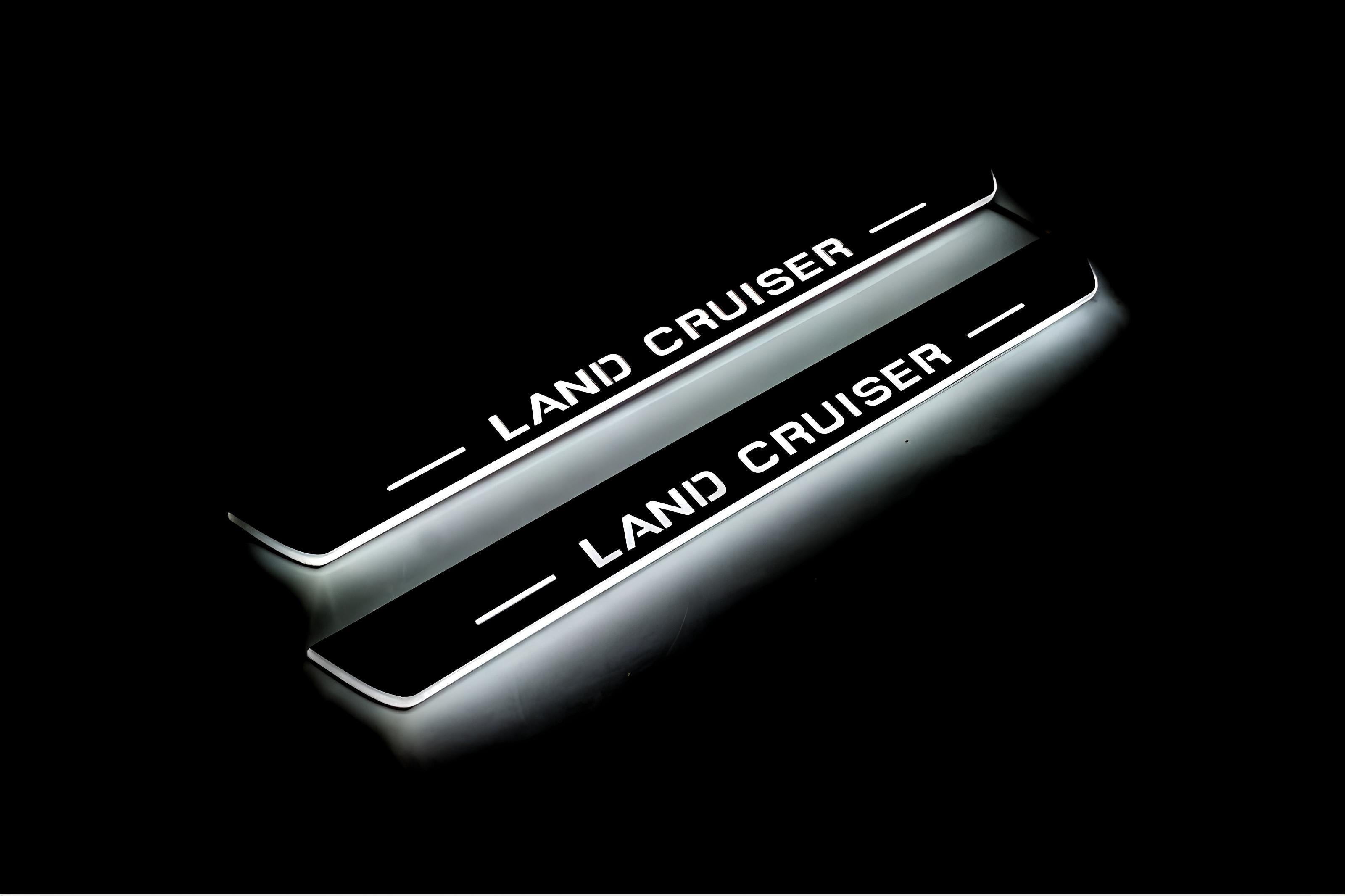 Illuminated LED Door Sill Tread Plates Toyota LC 200 2007-2021 With Land Cruiser Logo (type 1) Toyota Led Door Sills opdesign