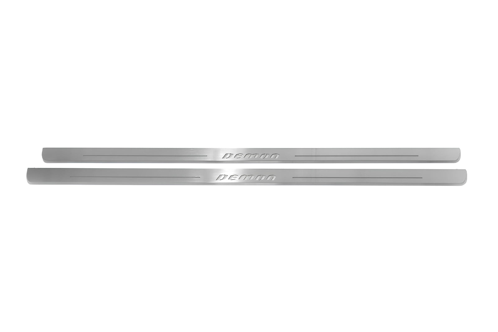 Dodge Challenger 2008+ door sill plates in stainless steel with DEMON logo