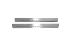Two long silver-finished door sill plates with Volt lettering on a light background, straight-on view.