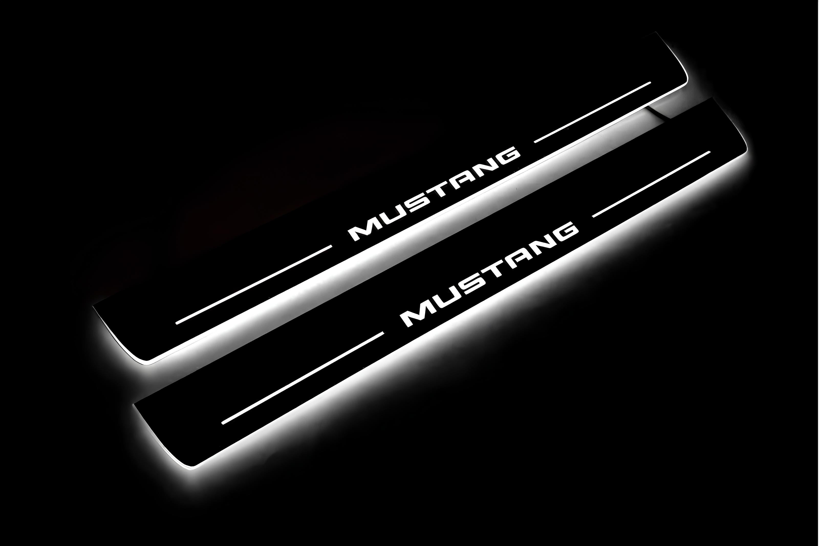 Illuminated LED Door Sill Tread Plates Ford Mustang VI 2015-2023 With Mustang Logo Ford Led Door Sills opdesign