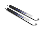 Two narrow silver door sill inserts with blue M Performance lettering and attached wires, angled view on a white background.