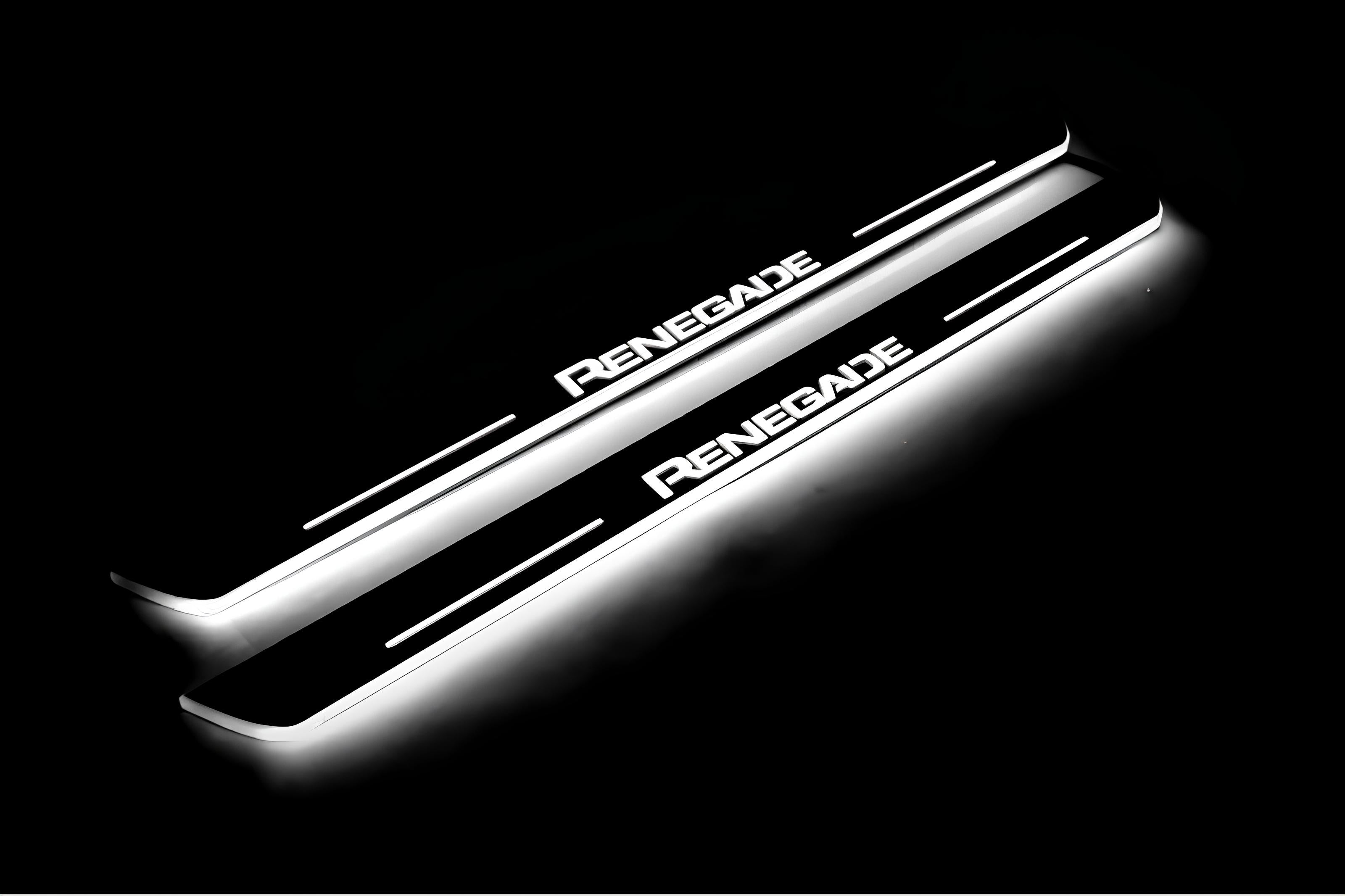 Illuminated LED Door Sill Tread Plates Jeep Renegade 2014+ With Renegade Logo Jeep Led Door Sills opdesign
