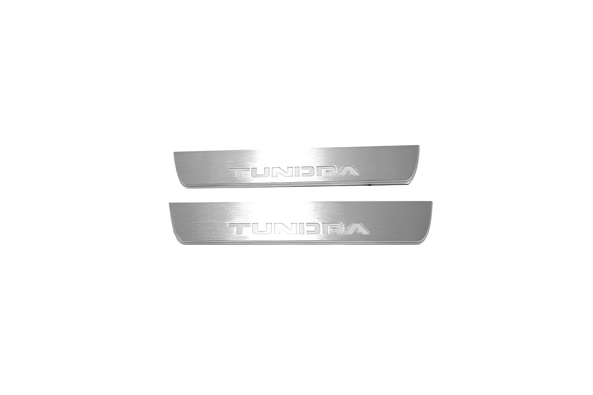 LED door sill plates Toyota Tundra II XK50 2007+ in stainless steel with Tundra logo