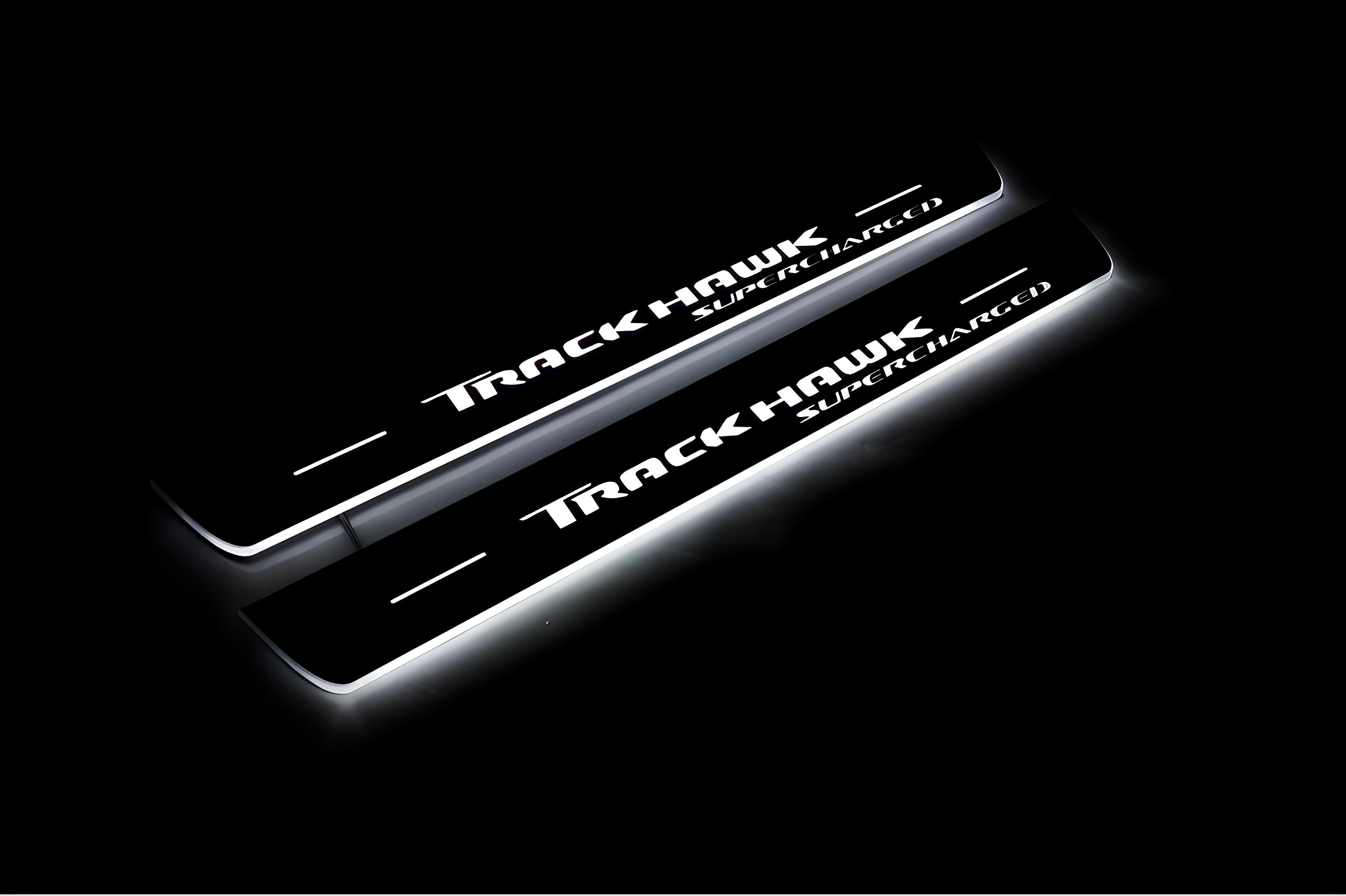 Illuminated LED Door Sill Tread Plates Jeep Grand Cherokee IV 2010-2021 With TrackHawk Supercharged Logo Jeep Led Door Sills opdesign