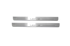 Two long silver-finished door sill plates with Lexus lettering on a light background, straight-on view.