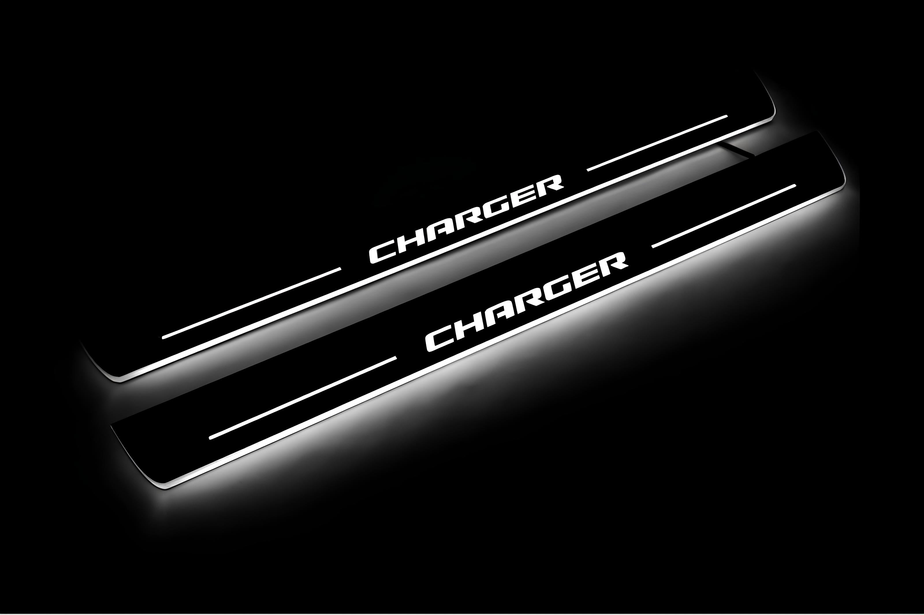 Illuminated LED Door Sill Tread Plates Dodge Charger 2011-2023 With CHARGER Logo Dodge Led Door Sills opdesign