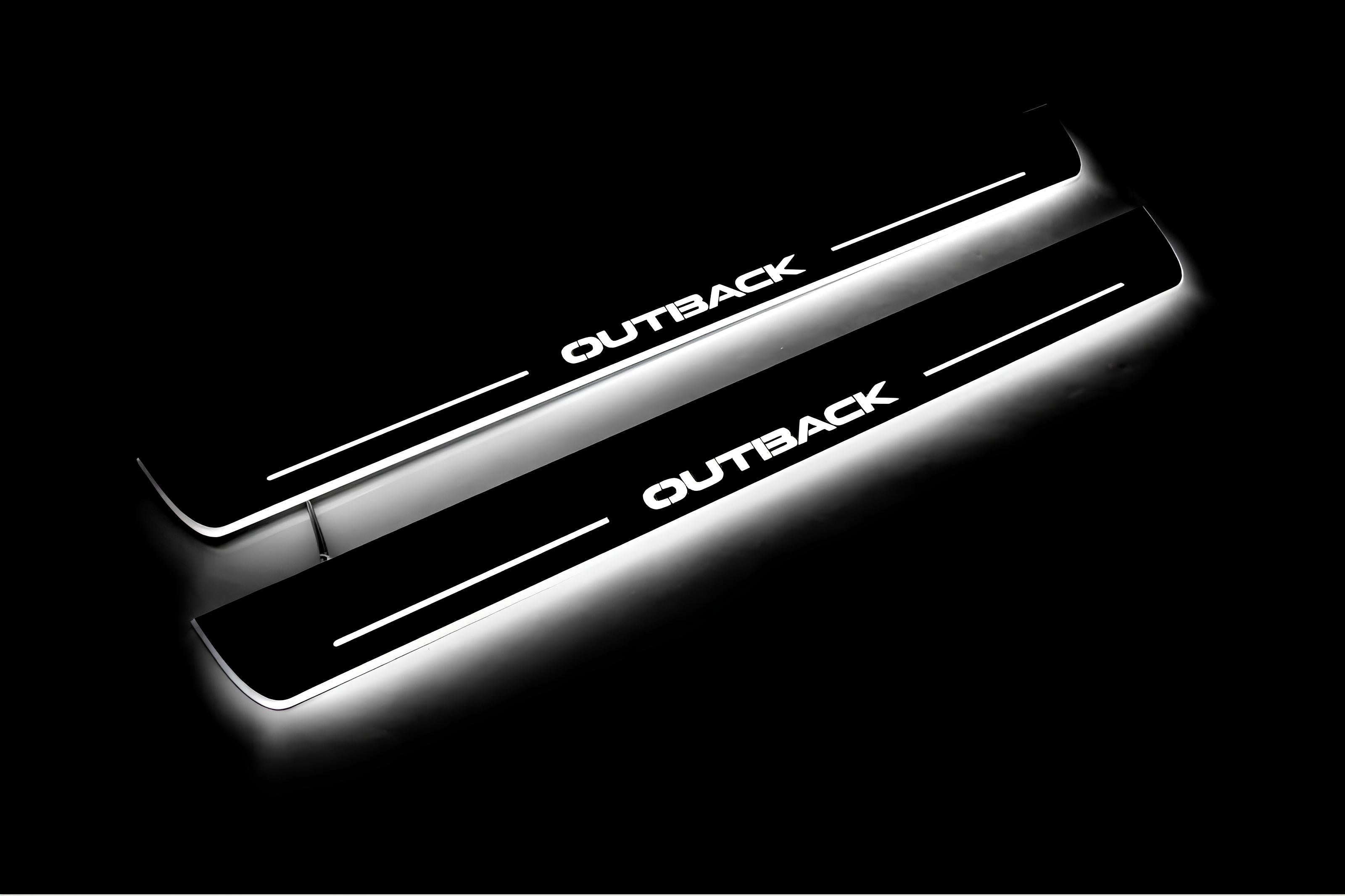 Illuminated LED Door Sill Tread Plates Subaru Outback IV 2009-2014 With Outback Logo Subaru Led Door Sills opdesign