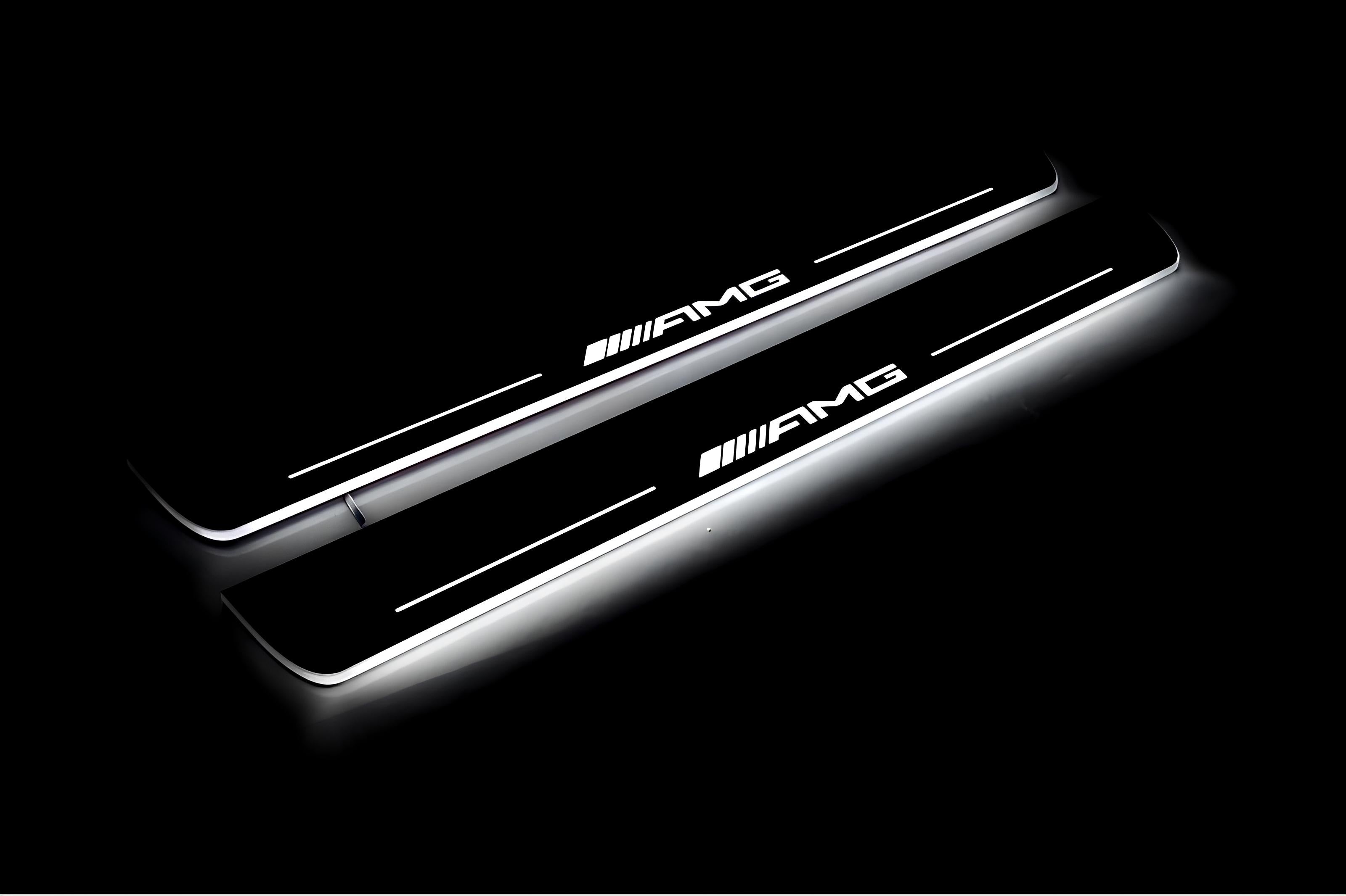 Illuminated LED Door Sill Tread Plates Mercedes ML W164 2005-2011 With AMG Logo Mercedes Led Door Sills opdesign