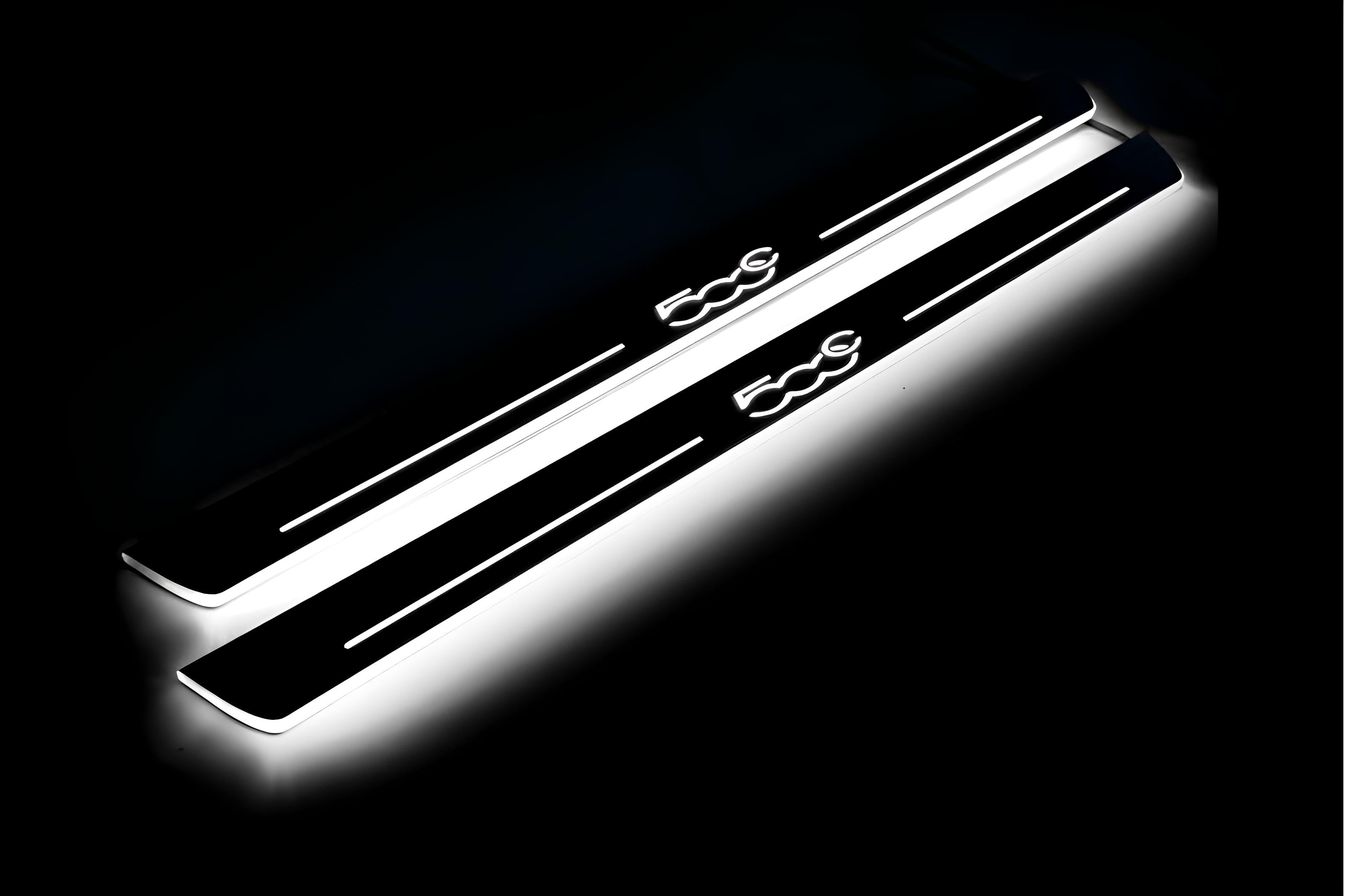 Illuminated LED Door Sill Tread Plates Fiat 500C 2009+ With 500C Logo Fiat Led Door Sills opdesign