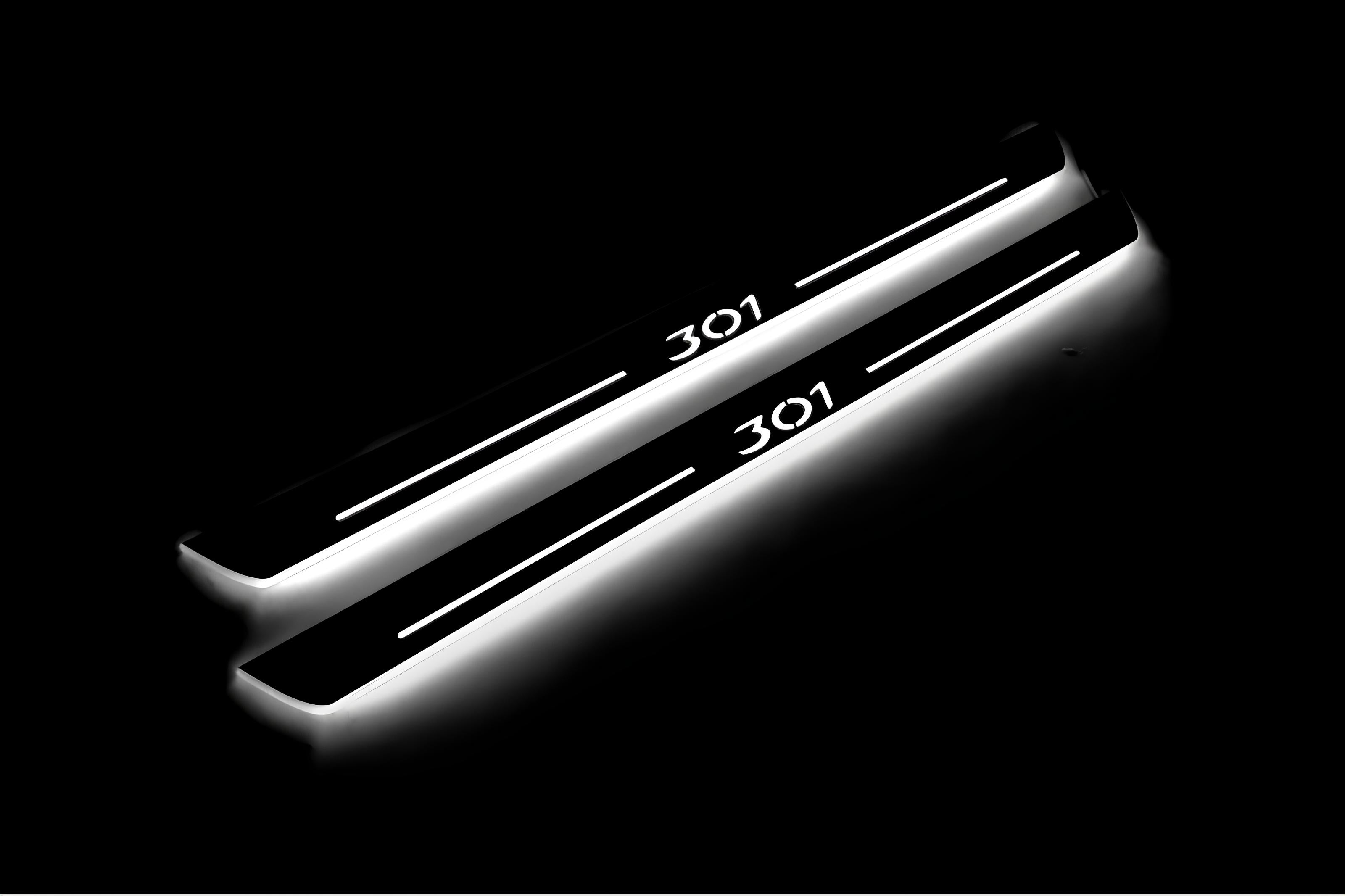 Illuminated LED Door Sill Tread Plates Peugeot 301 2012+ With 301 Logo Peugeot Led Door Sills opdesign