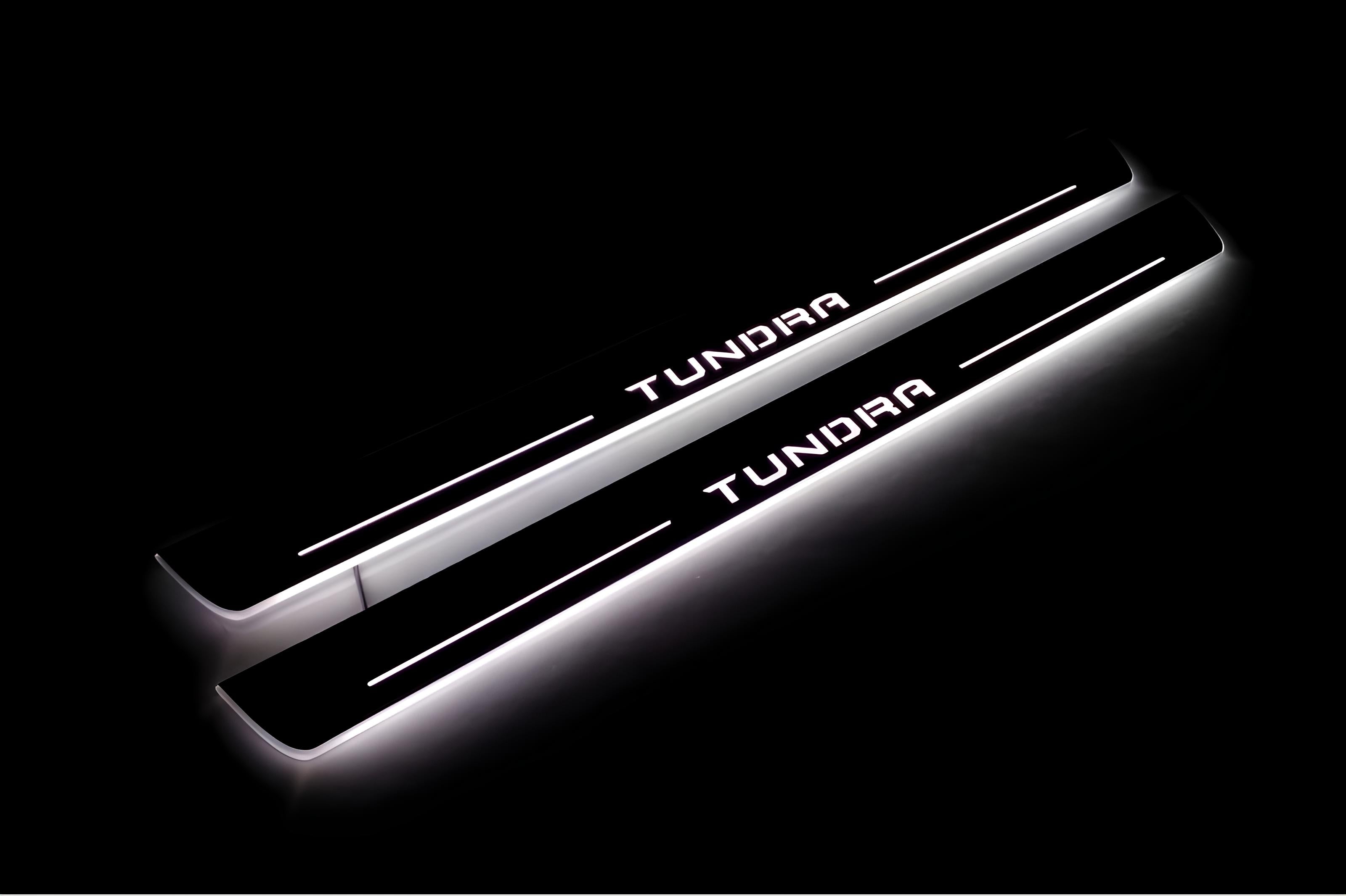 Illuminated LED Door Sill Tread Plates Toyota Tundra IV 2022+ With Tundra Logo Toyota Led Door Sills opdesign