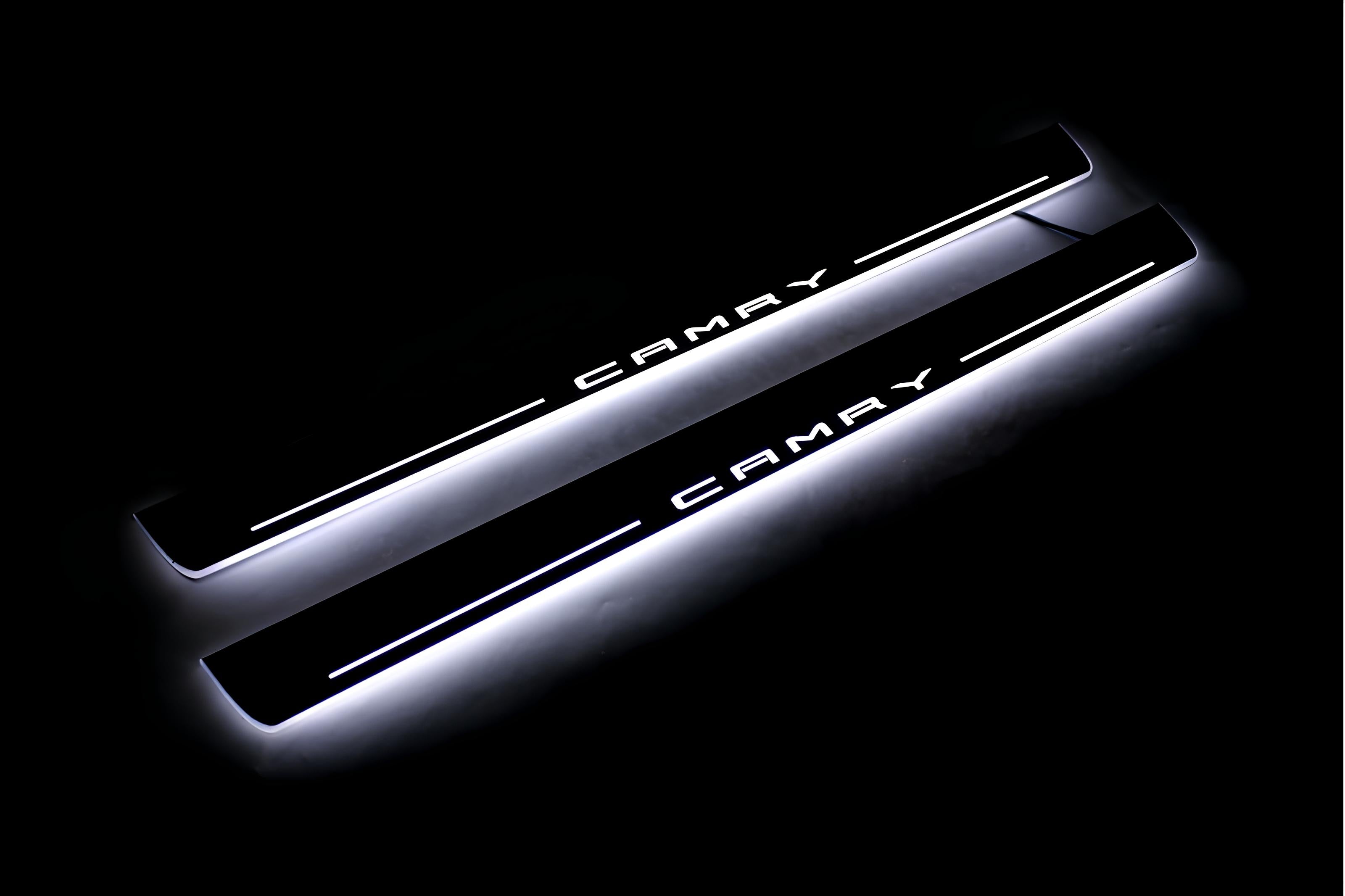 Illuminated LED Door Sill Tread Plates Toyota Camry V70 2018-2024 With Camry Logo Toyota Led Door Sills opdesign